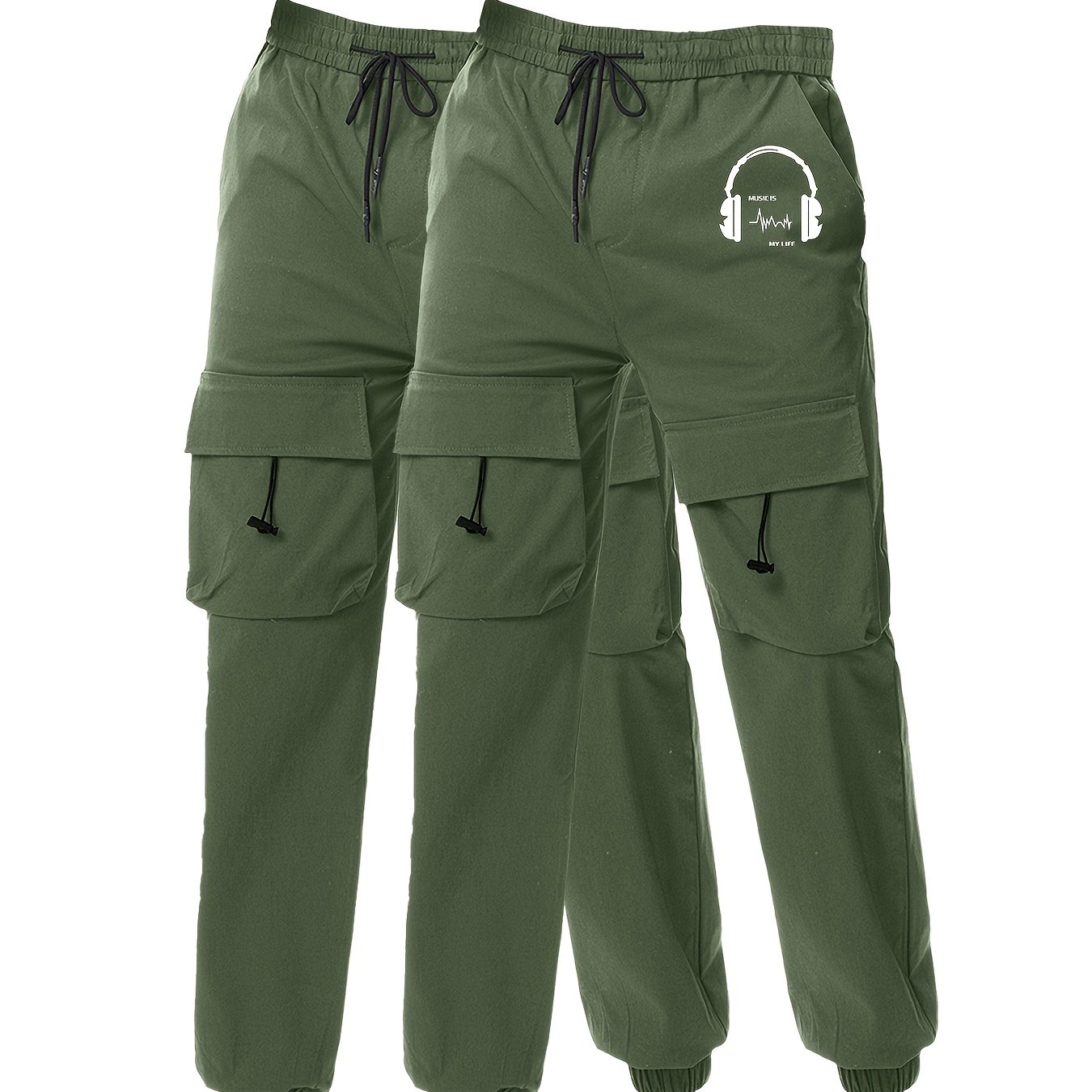 Men's Earphone Letter Print Drawstring Sweatpants, Casual Slightly Stretch Pants For All Seasons