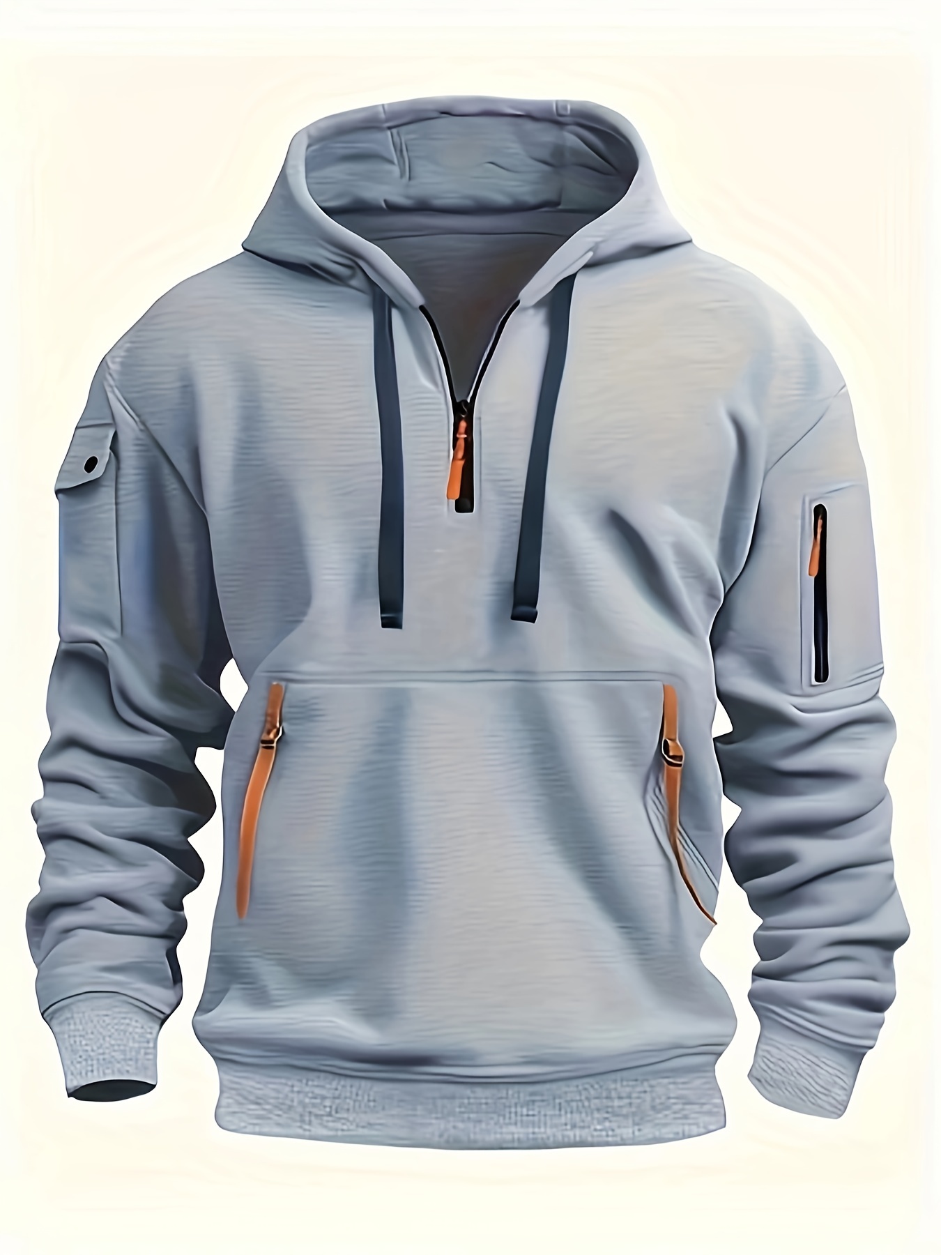 Men's Quarter-Zip Hoodie With Pockets, Men's Spring And Autumn Fashionable Pullover