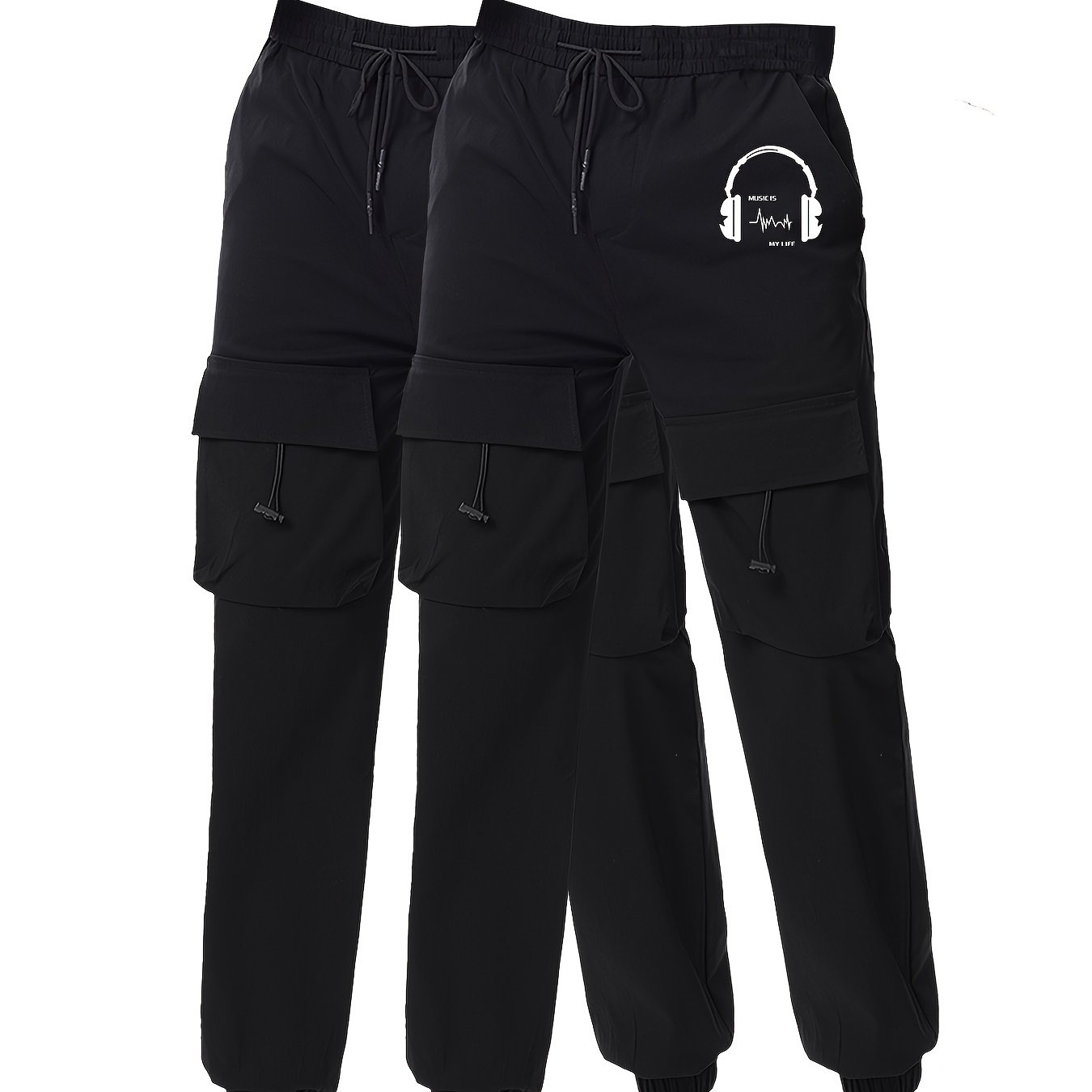 Men's Earphone Letter Print Drawstring Sweatpants, Casual Slightly Stretch Pants For All Seasons