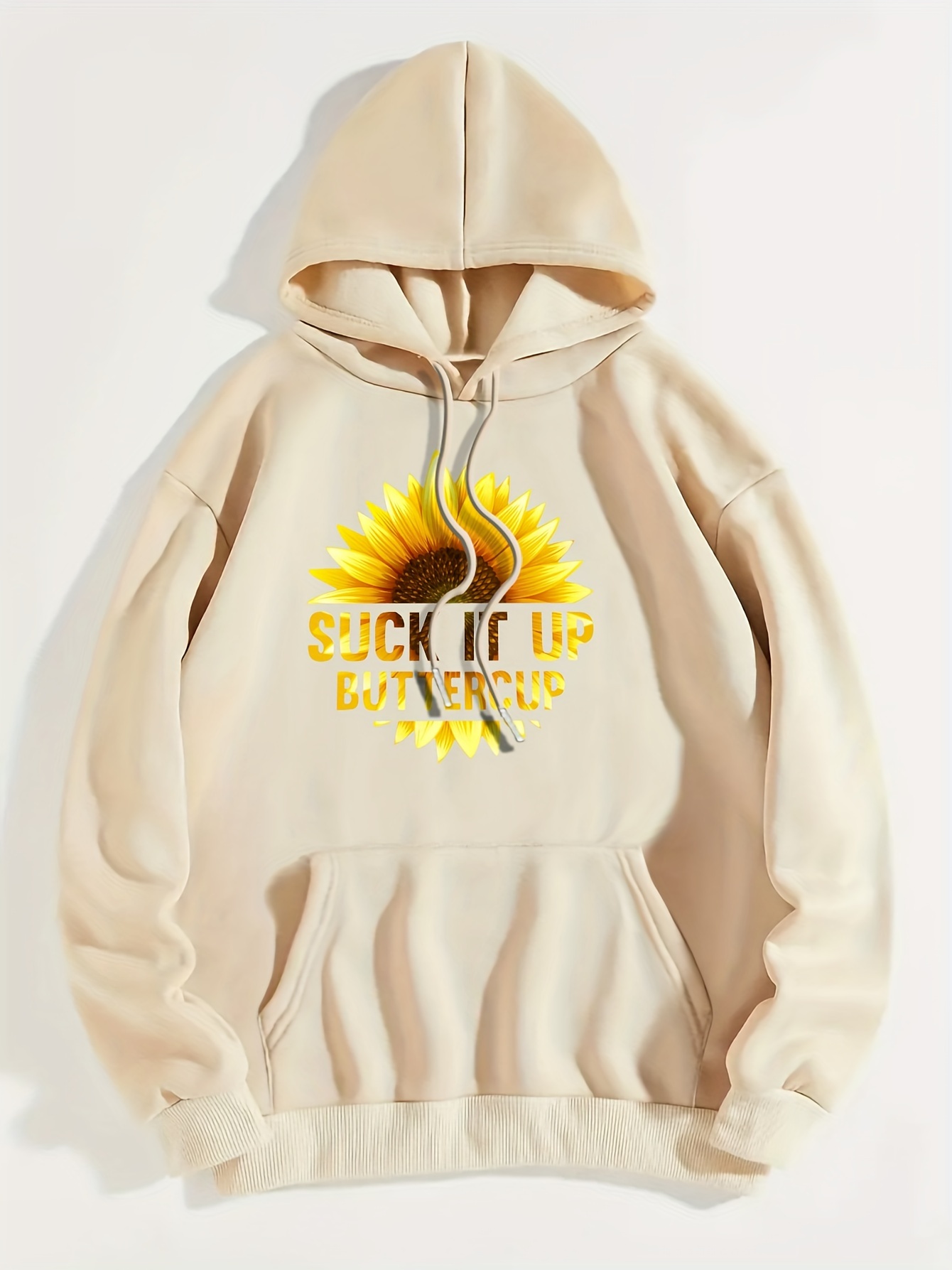 Sunflower Print Hoodie, Casual Kangaroo Pocket Long Sleeve Drop Shoulder Drawstring Hoodie For Fall & Winter, Women's Clothing