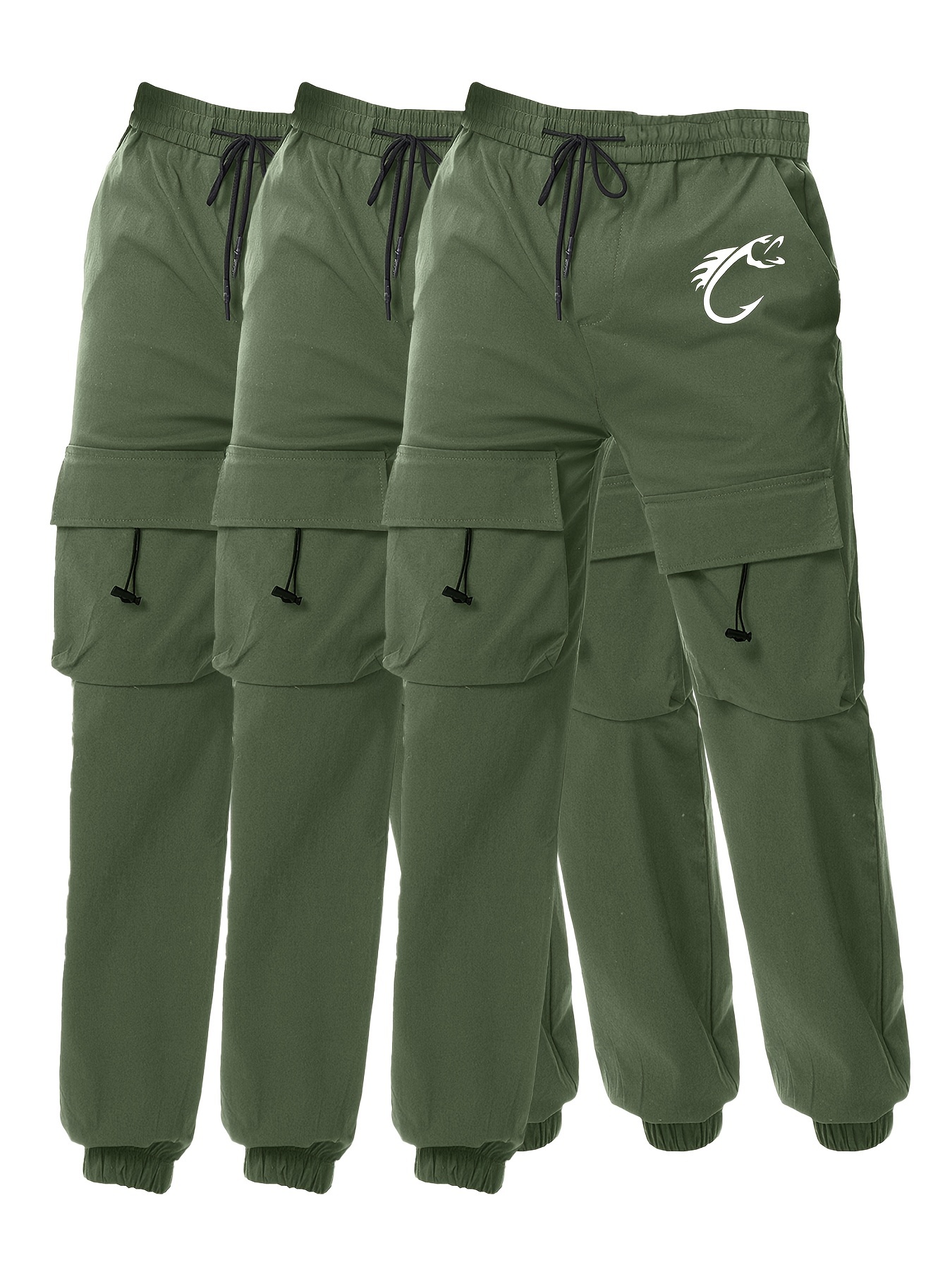 Fish Hook Pattern Print Men's Multi Pocket Drawstring Cargo Pants, Comfy Casual Cuffed Joggers Pants For Spring Summer Outdoor Fitness Holiday As Gifts