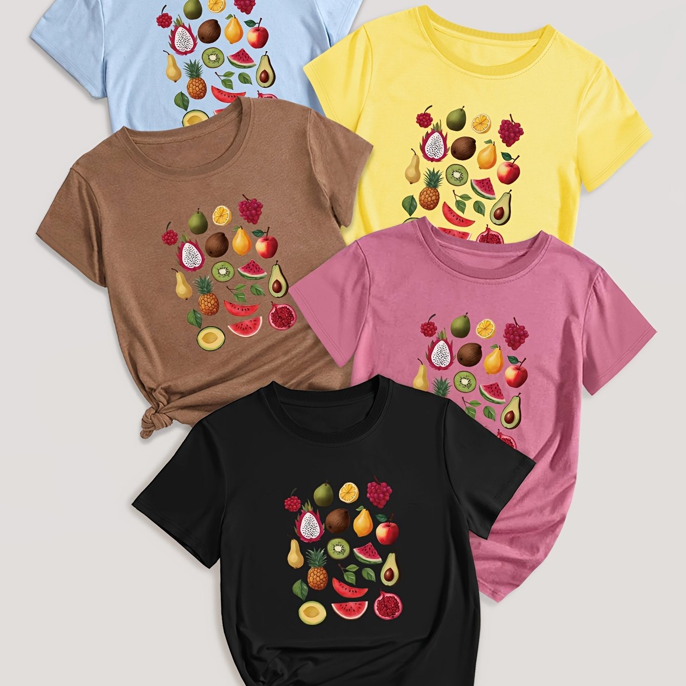 5-Pack Crew Neck T-Shirts with Cartoon Fruit & Vegetable Print - Casual Polyester Knit Fabric Tops - Regular Length, Stretchy Elastane Blend - All Season Graphic Tees