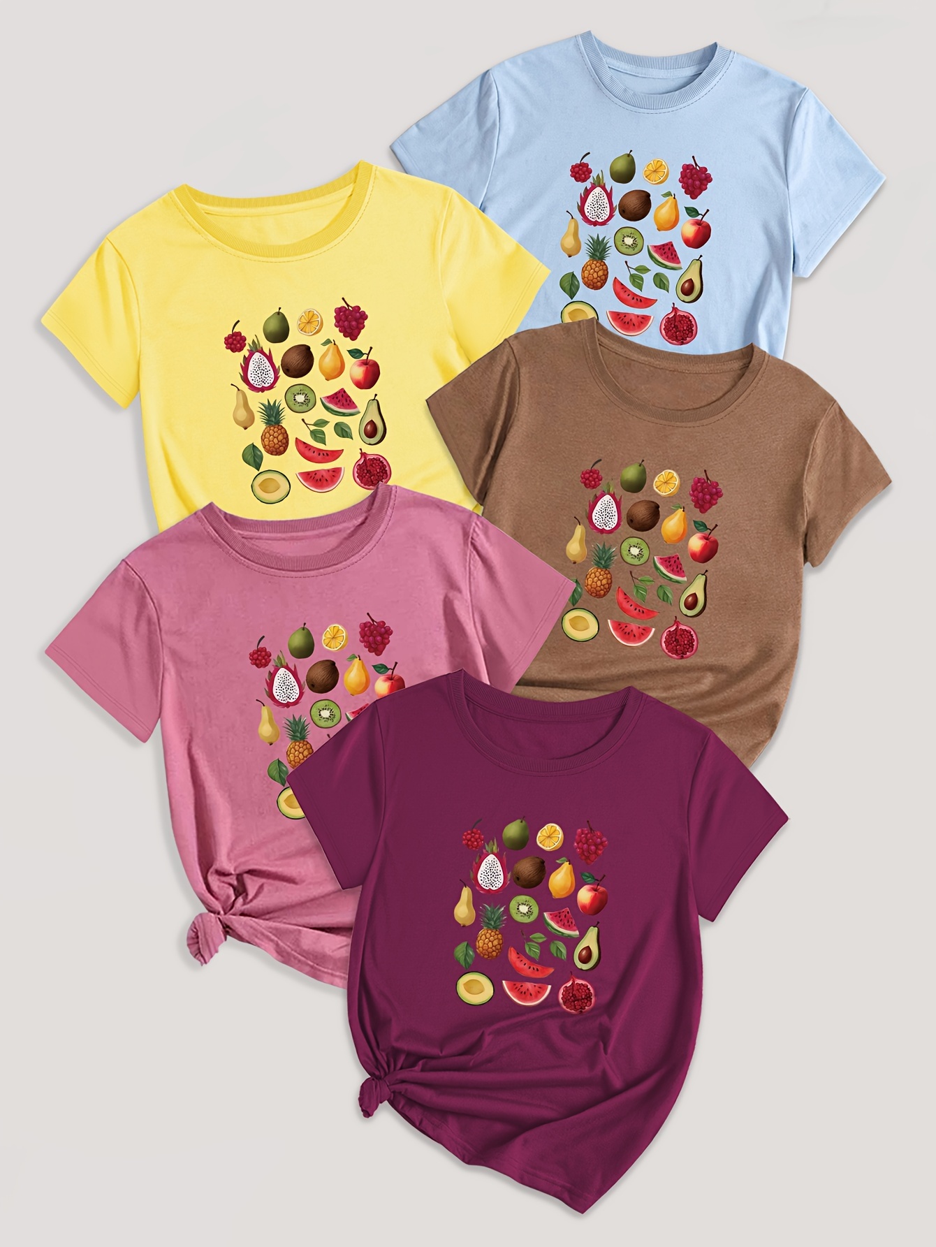 5-Pack Crew Neck T-Shirts with Cartoon Fruit & Vegetable Print - Casual Polyester Knit Fabric Tops - Regular Length, Stretchy Elastane Blend - All Season Graphic Tees