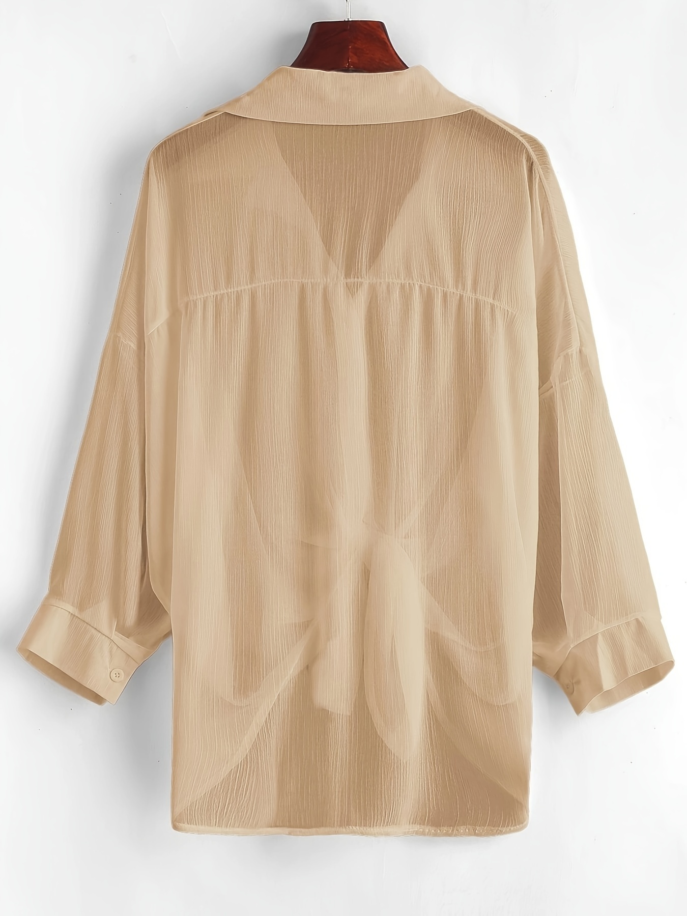 Button Up Collared Cover Up Shirt, Casual Long Sleeve Chiffon Beachwear Shirt, Women's Clothing