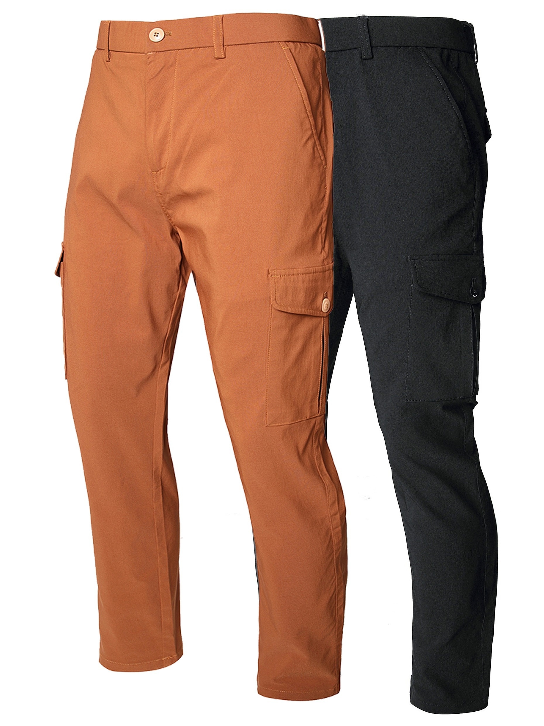 2pcs Solid Casual Pants For Men, Mid Waist Mid Stretch Cargo Pants With Flap Pockets, Male's Versatile Bottoms For All Seasons Hiking And Outdoors Activities