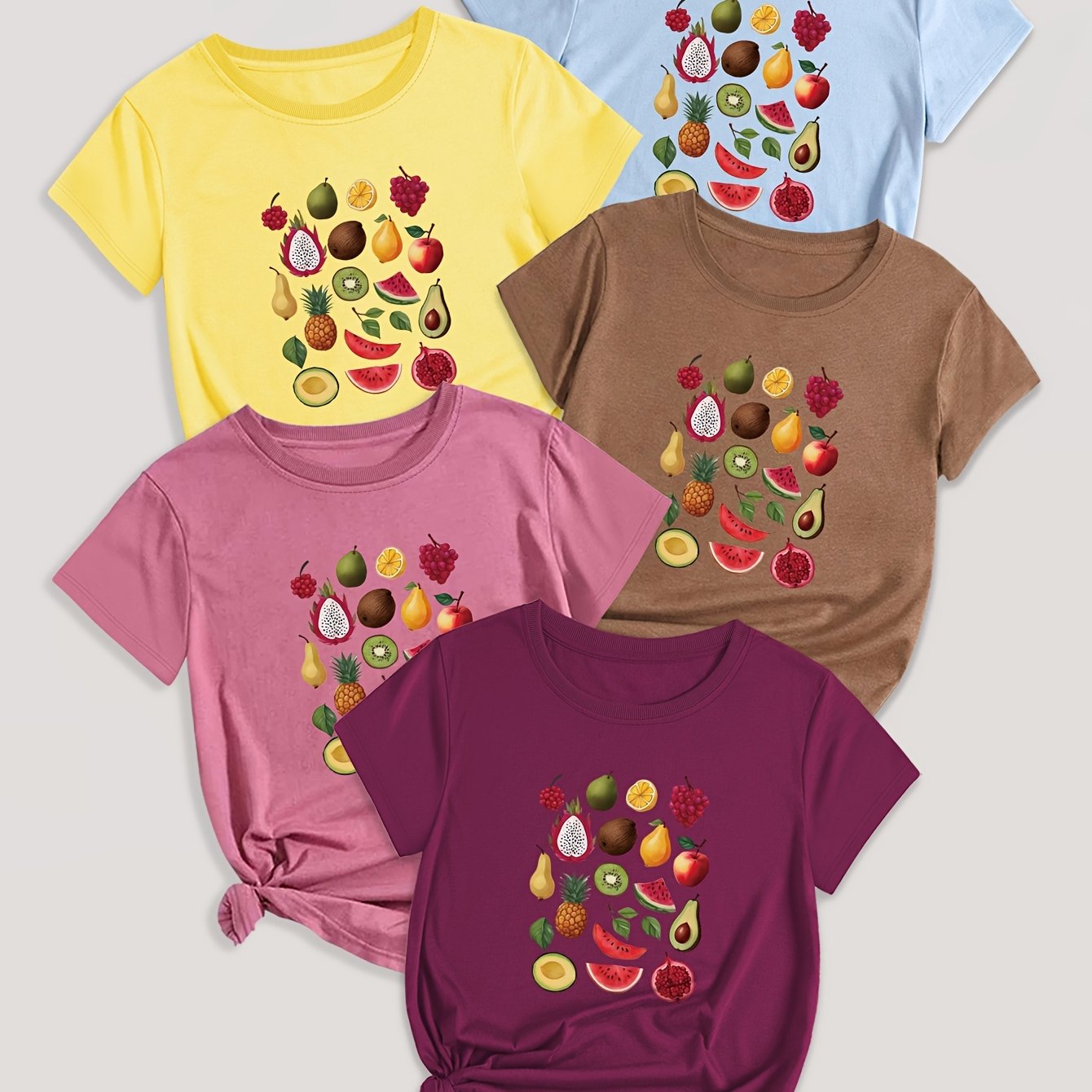 5-Pack Crew Neck T-Shirts with Cartoon Fruit & Vegetable Print - Casual Polyester Knit Fabric Tops - Regular Length, Stretchy Elastane Blend - All Season Graphic Tees