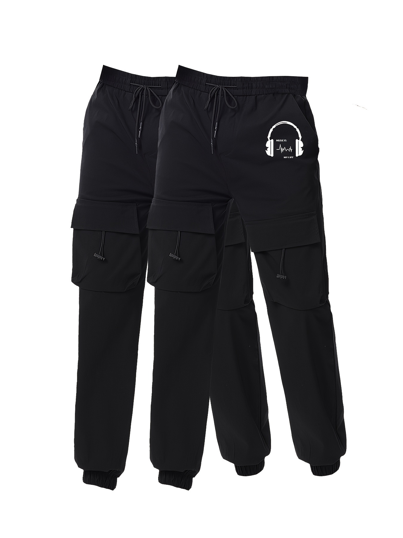 Men's Earphone Letter Print Drawstring Sweatpants, Casual Slightly Stretch Pants For All Seasons