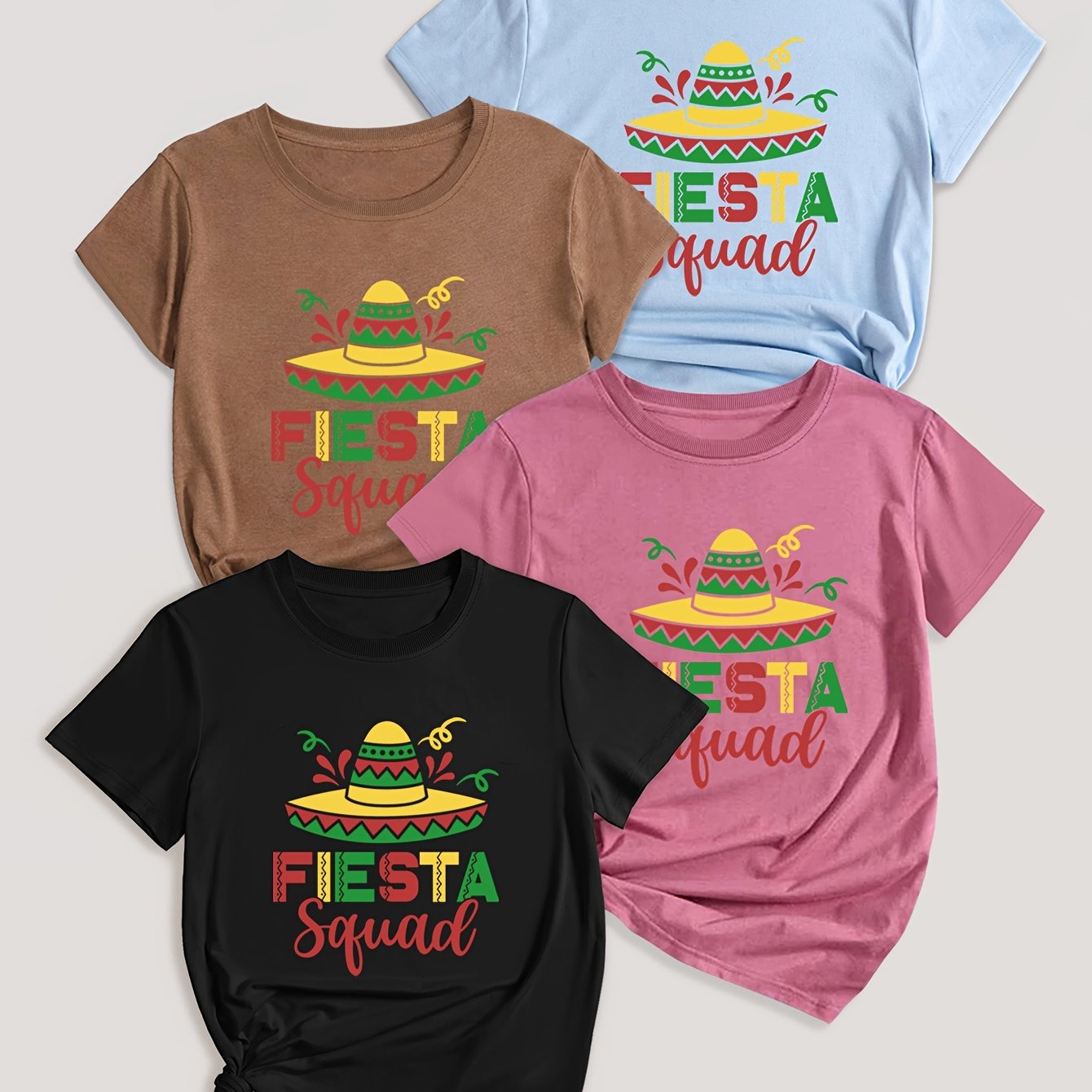 Letter Print T-shirt 4 Pack, Short Sleeve Crew Neck Casual Top For Summer & Spring, Women's Clothing