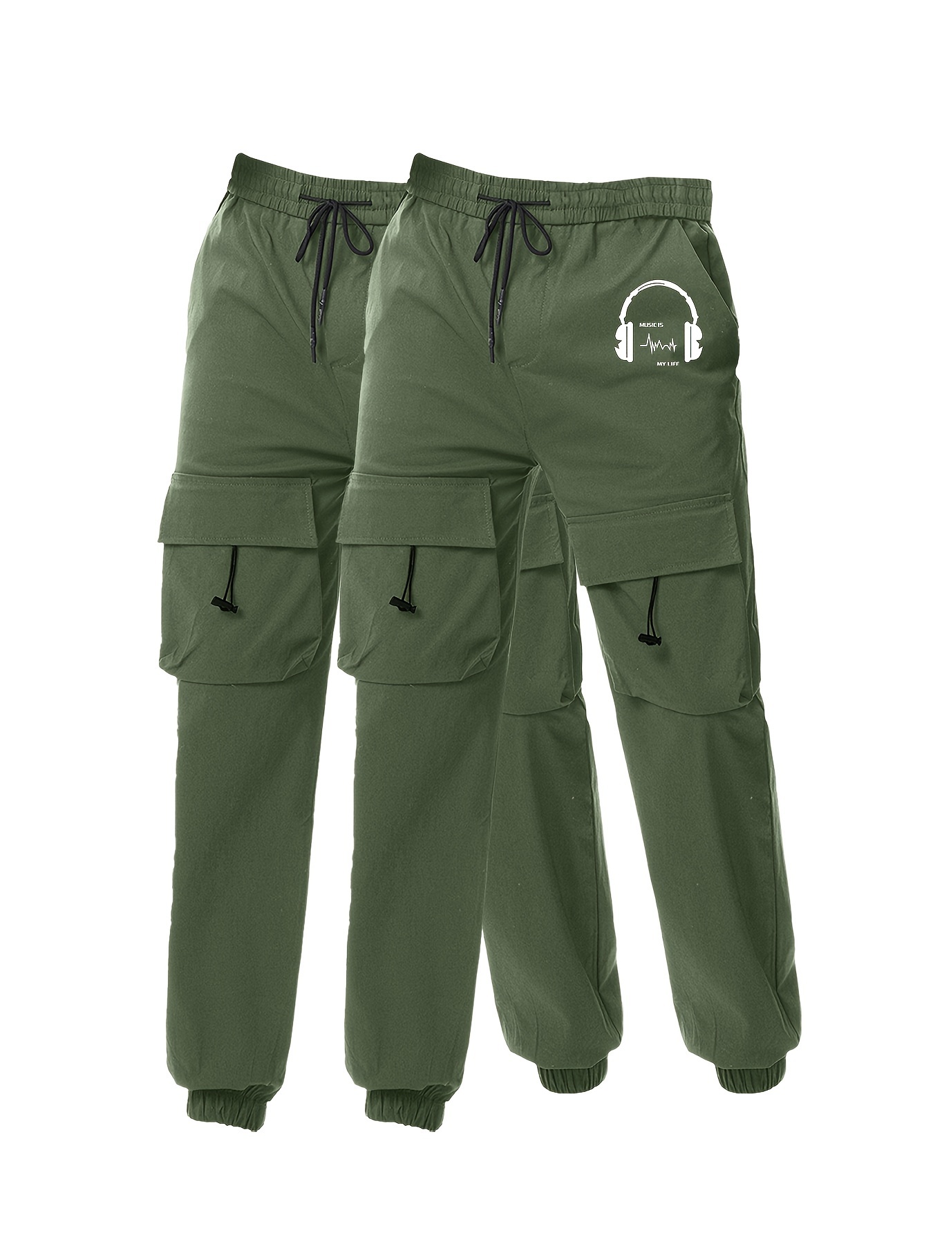 Men's Earphone Letter Print Drawstring Sweatpants, Casual Slightly Stretch Pants For All Seasons