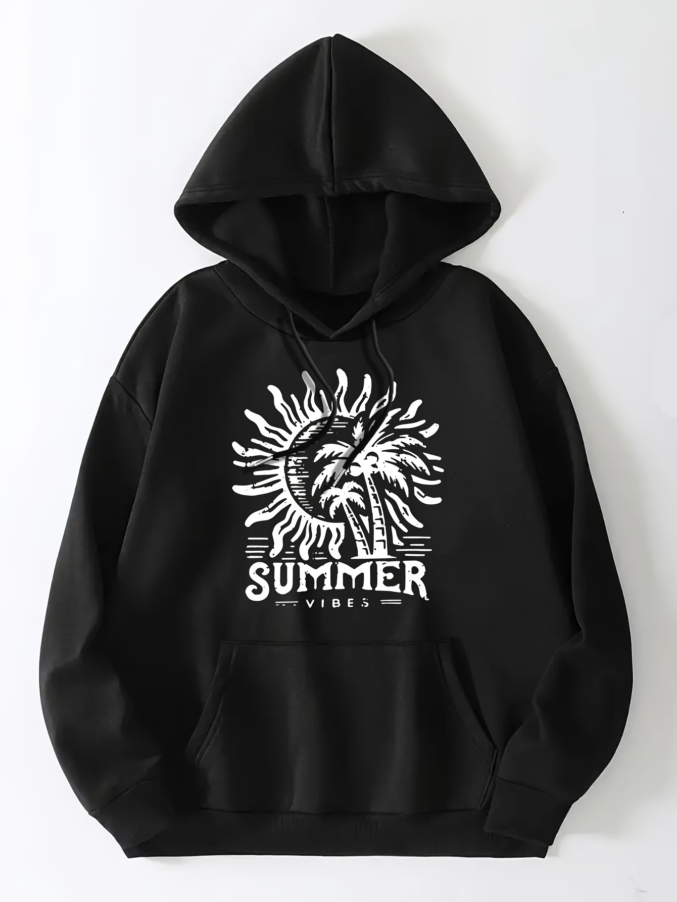 Art Letter & Sun Print Hoodie, Casual Kangaroo Pocket Long Sleeve Drop Shoulder Drawstring Hoodie For Fall & Winter, Women's Clothing