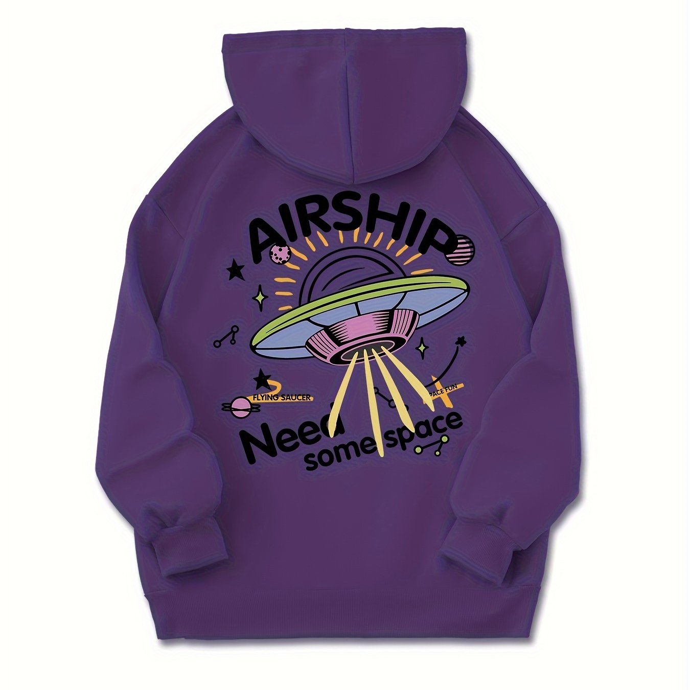 Airship Pattern Casual Hooded Sweatshirt, Long Sleeves Kangaroo Pocket Drawstring Hoodie, Women's Clothing