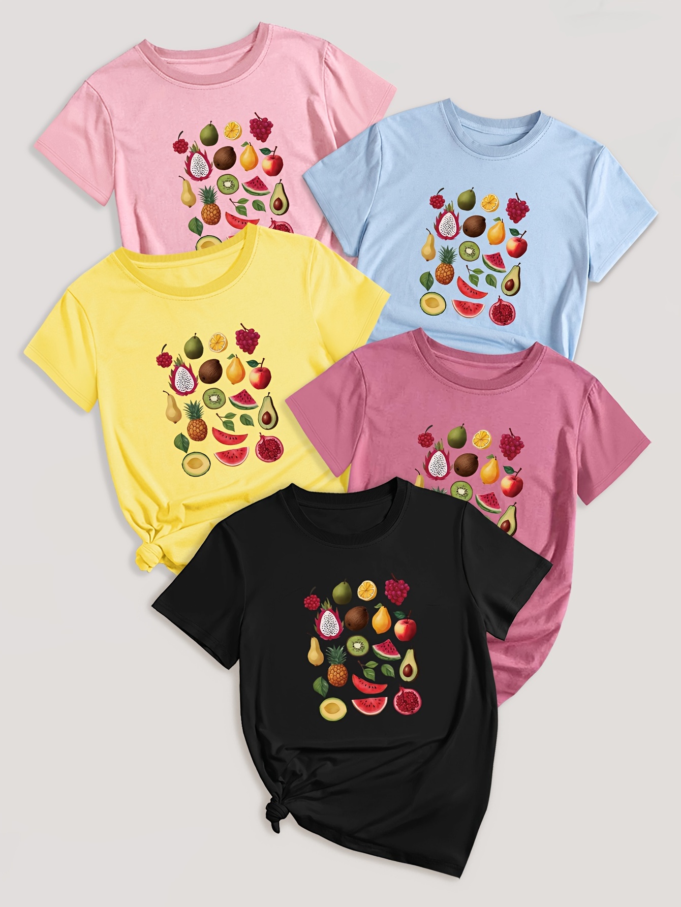 5-Pack Crew Neck T-Shirts with Cartoon Fruit & Vegetable Print - Casual Polyester Knit Fabric Tops - Regular Length, Stretchy Elastane Blend - All Season Graphic Tees