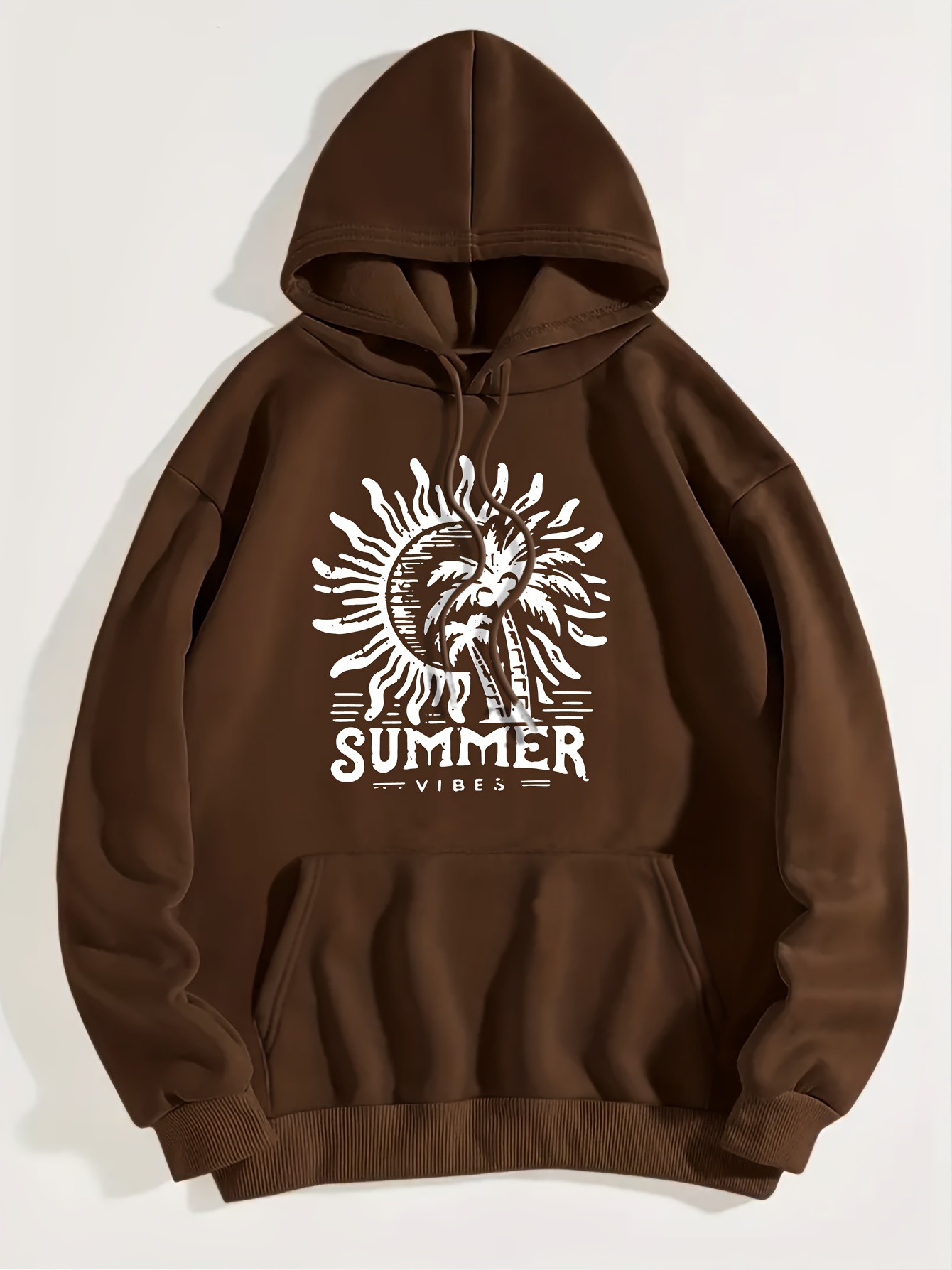 Art Letter & Sun Print Hoodie, Casual Kangaroo Pocket Long Sleeve Drop Shoulder Drawstring Hoodie For Fall & Winter, Women's Clothing