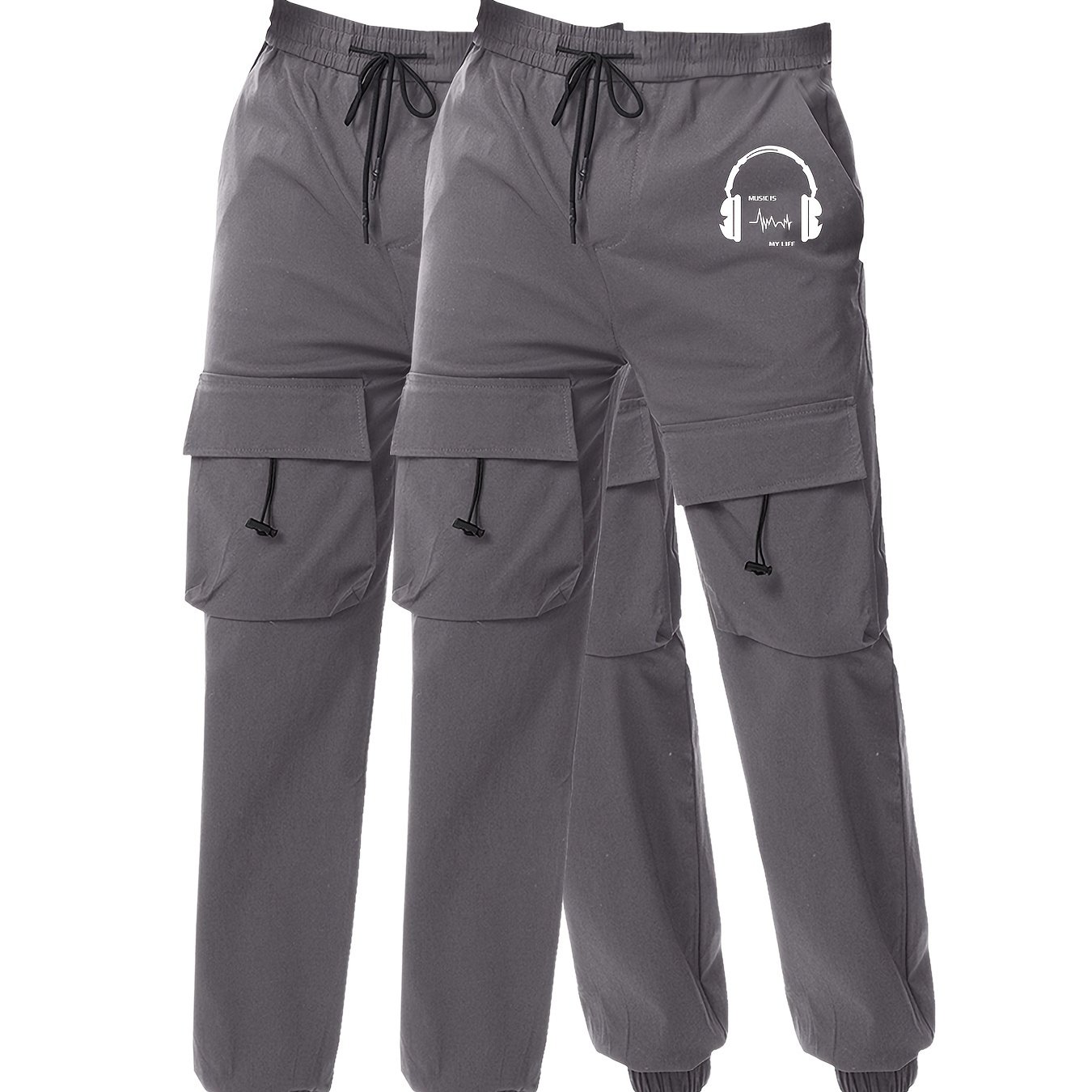 Men's Earphone Letter Print Drawstring Sweatpants, Casual Slightly Stretch Pants For All Seasons