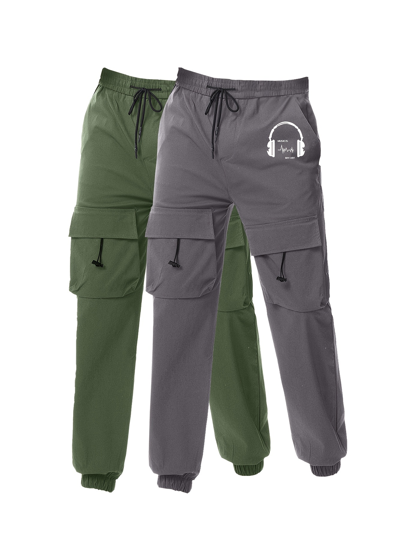 Men's Earphone Letter Print Drawstring Sweatpants, Casual Slightly Stretch Pants For All Seasons