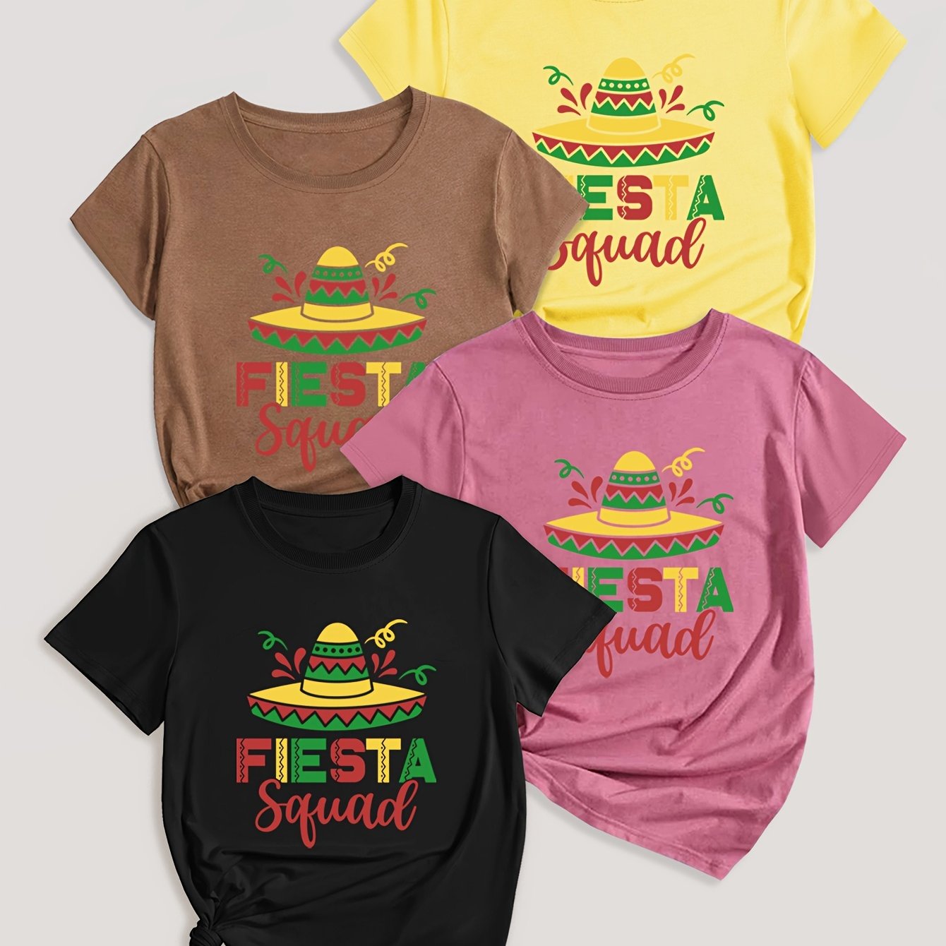 Letter Print T-shirt 4 Pack, Short Sleeve Crew Neck Casual Top For Summer & Spring, Women's Clothing