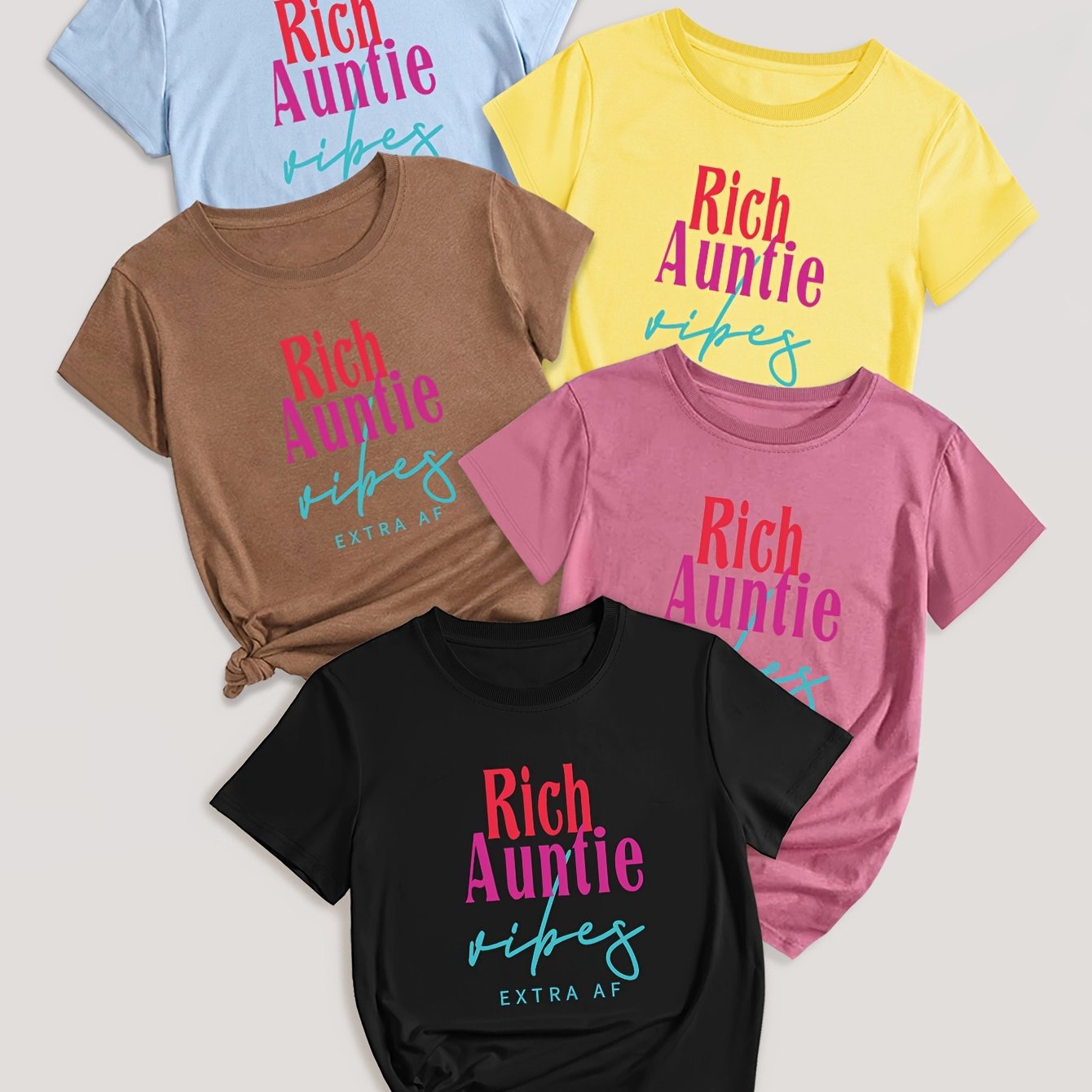 5 Pack Letter Print T-shirt, Short Sleeve Crew Neck Casual Top For Summer & Spring, Women's Clothing