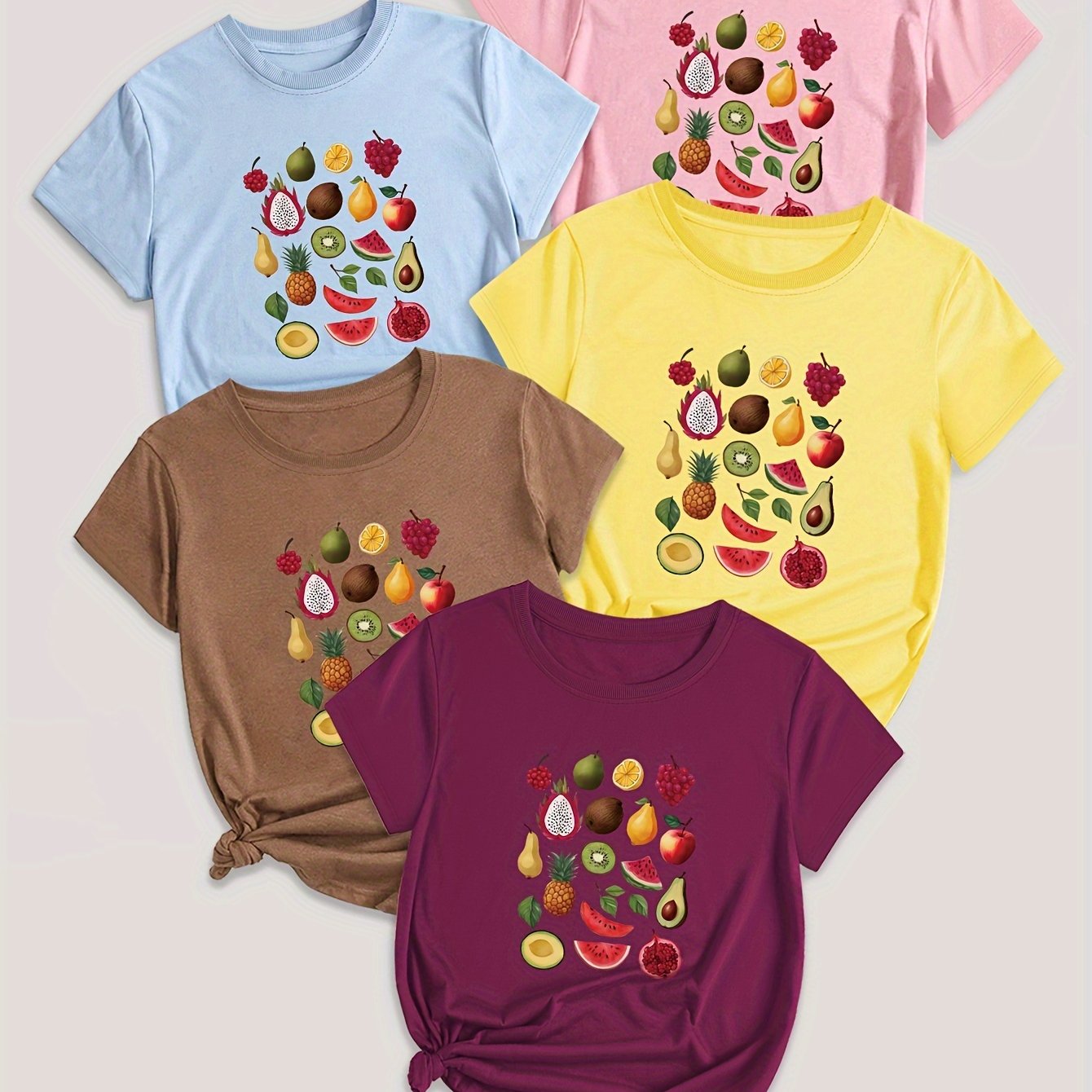 5-Pack Crew Neck T-Shirts with Cartoon Fruit & Vegetable Print - Casual Polyester Knit Fabric Tops - Regular Length, Stretchy Elastane Blend - All Season Graphic Tees