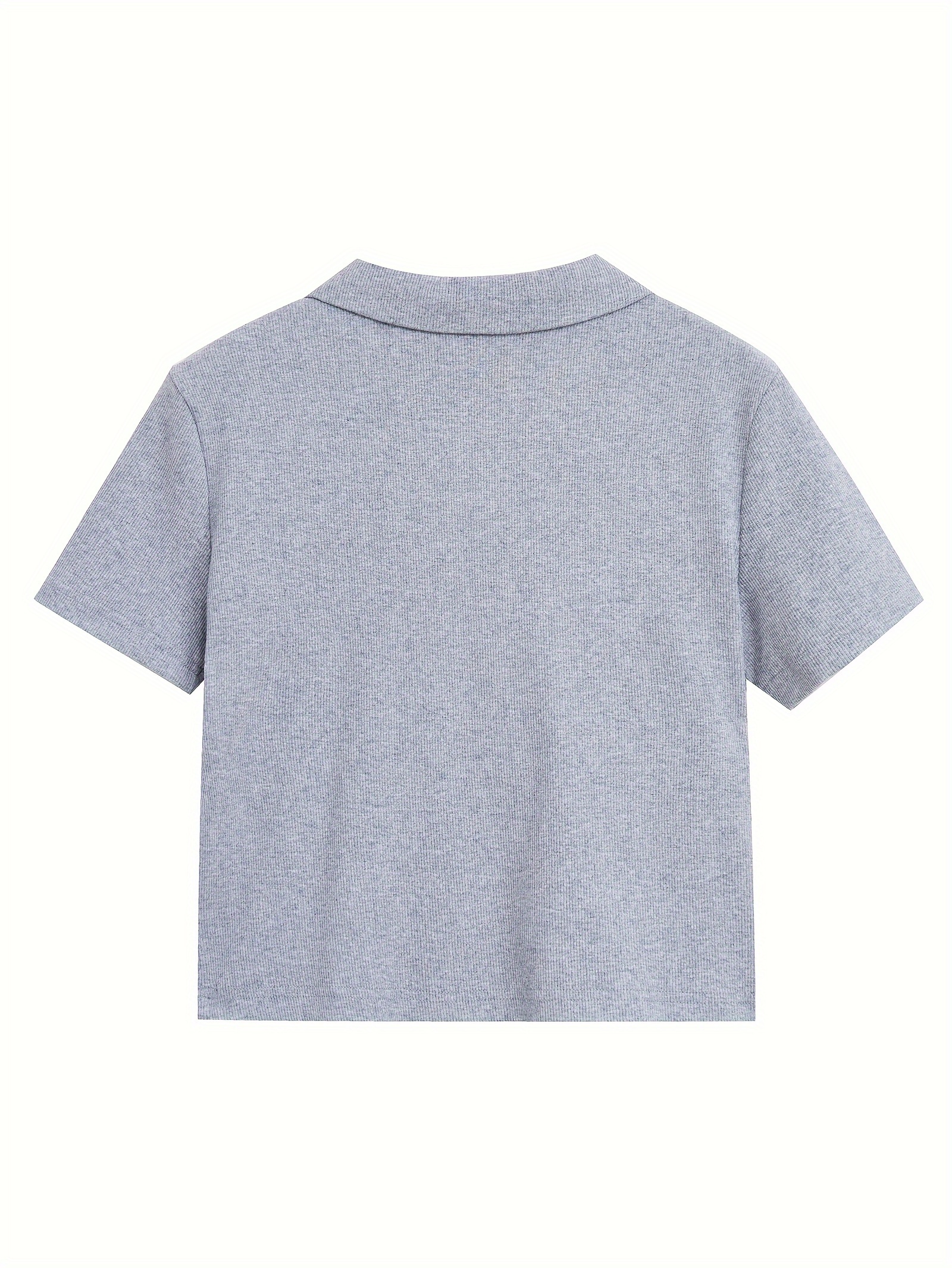 Button Front Patch Collar T-Shirt, Casual Short Sleeve Crop Top For Spring & Summer, Women's Clothing