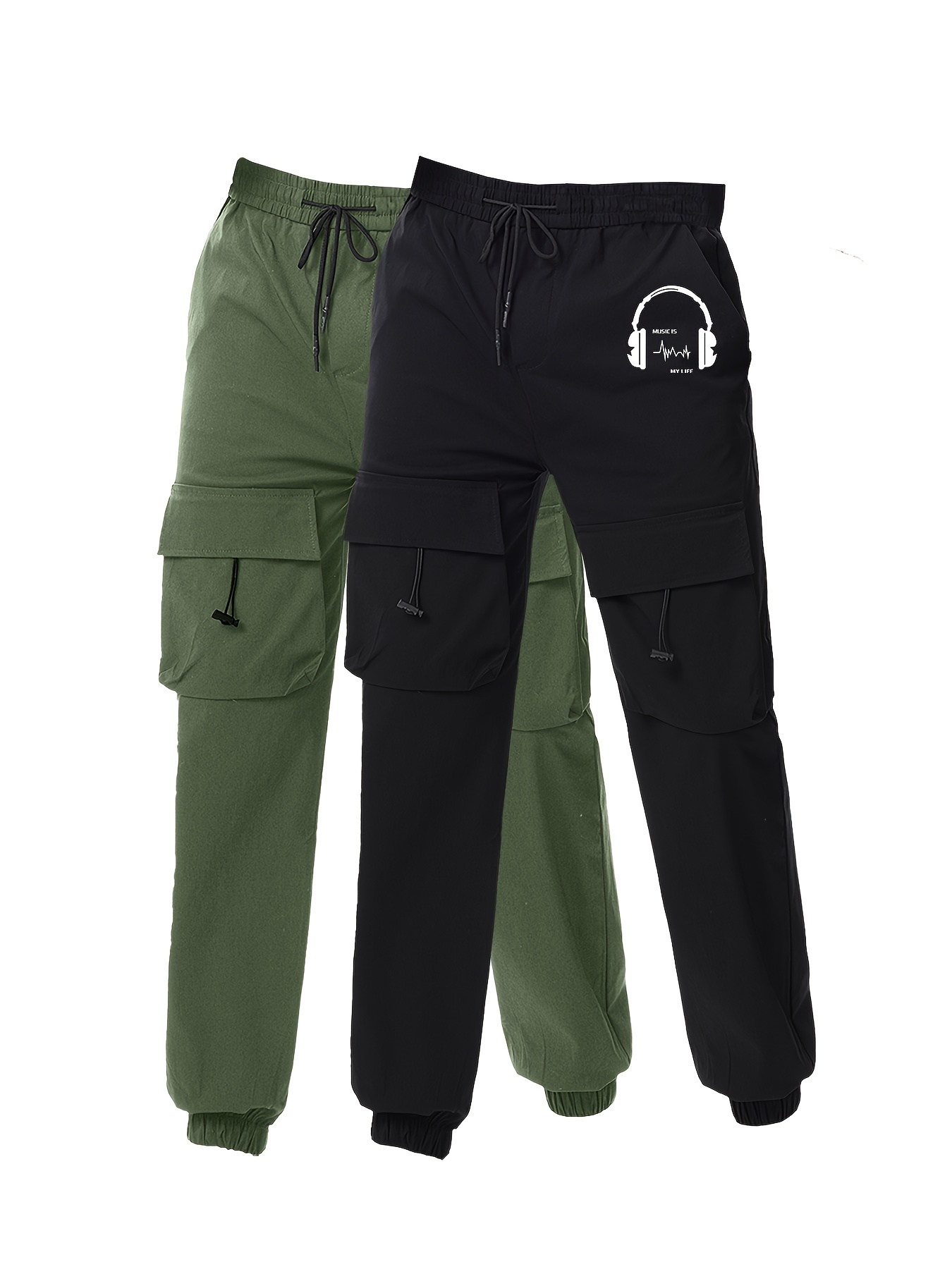 Men's Earphone Letter Print Drawstring Sweatpants, Casual Slightly Stretch Pants For All Seasons