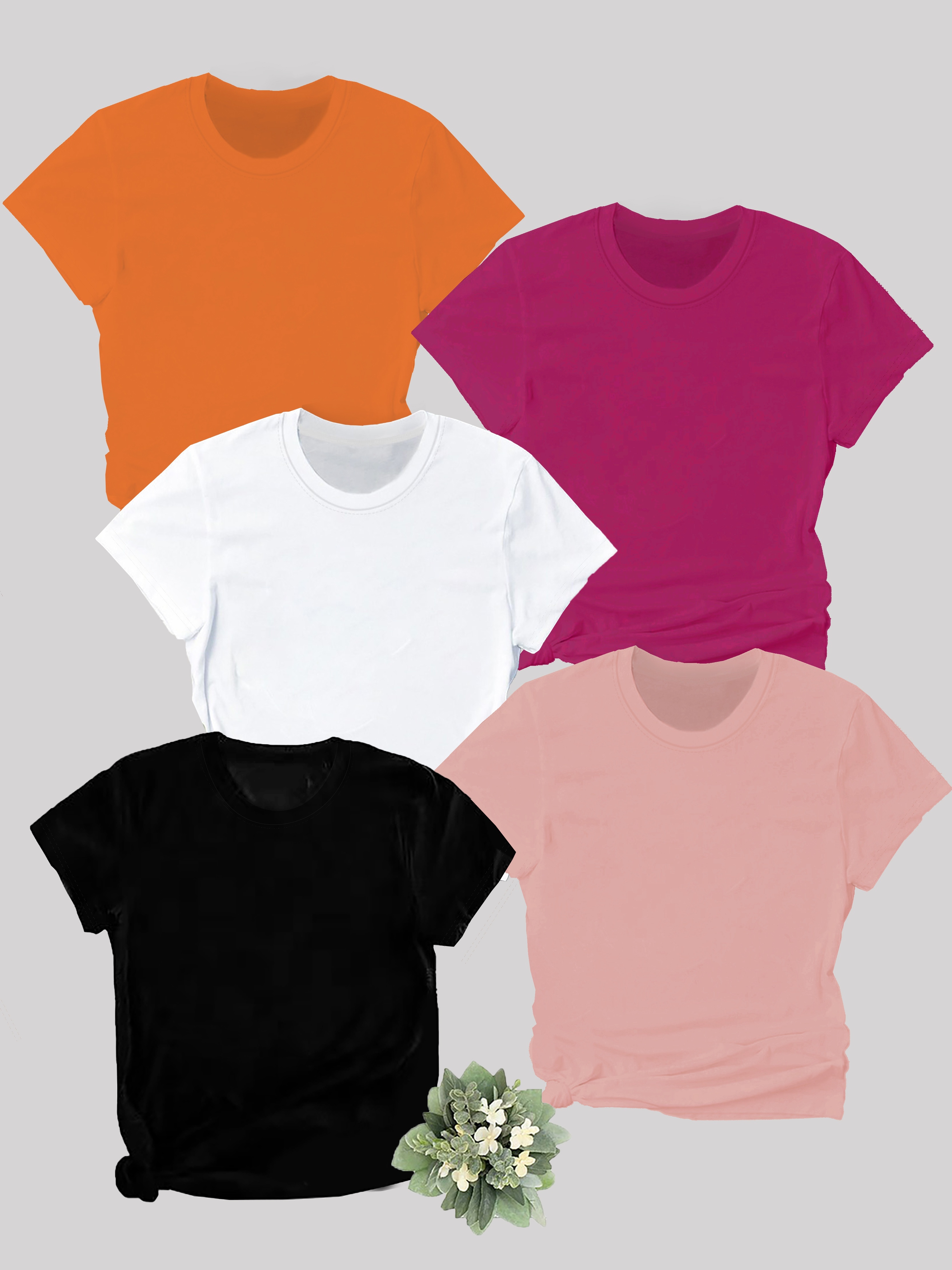 5pcs Solid Color Crew Neck T-shirt, Casual Short Sleeve Top For Spring & Summer, Women's Clothing