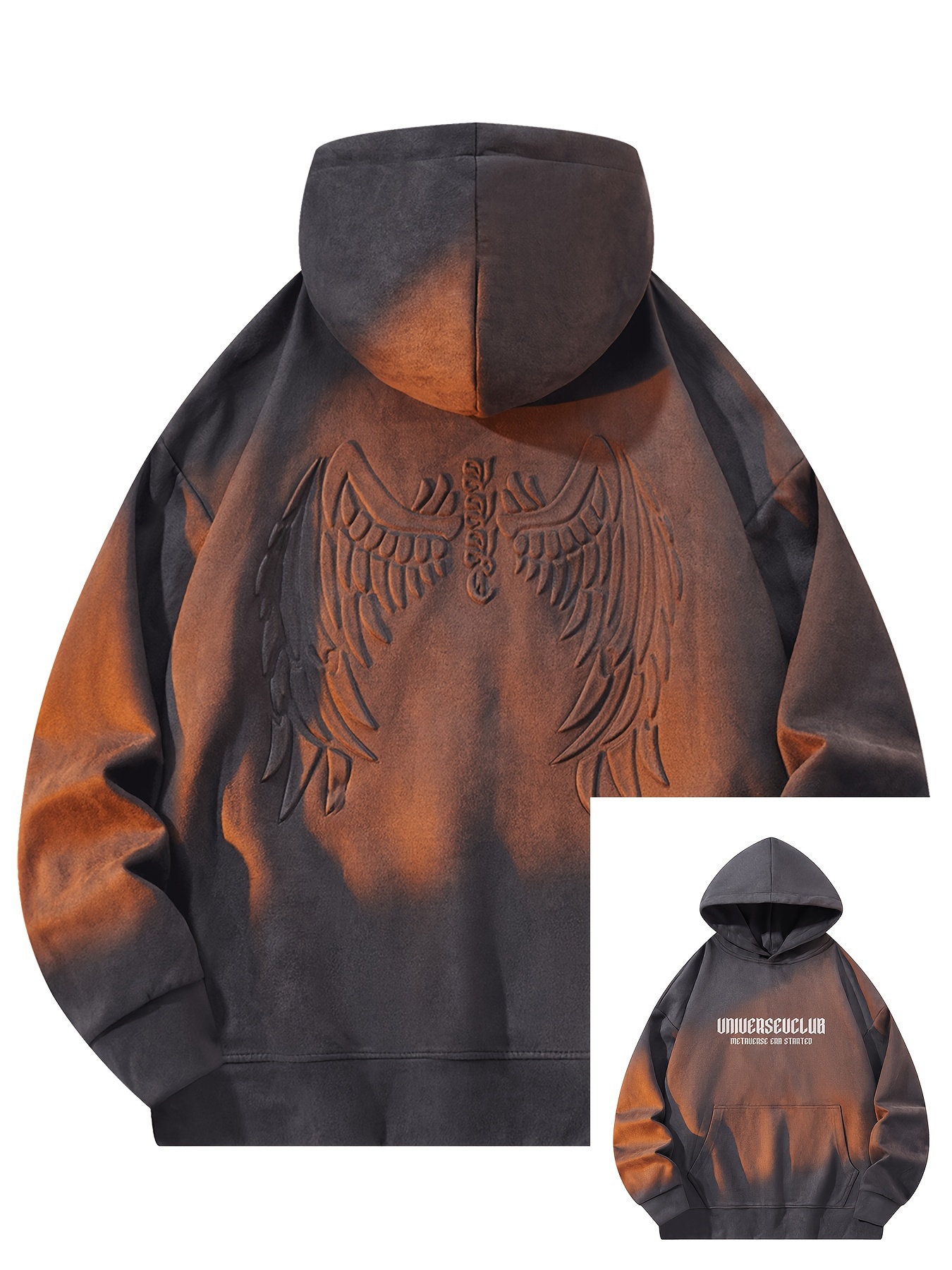 Men's Autumn And Winter Wings Pattern Letter Print Suede Hooded Long Sleeve Sweatshirt With A Kangaroo Pocket, Chic And Trendy Hoodie For Street Wear