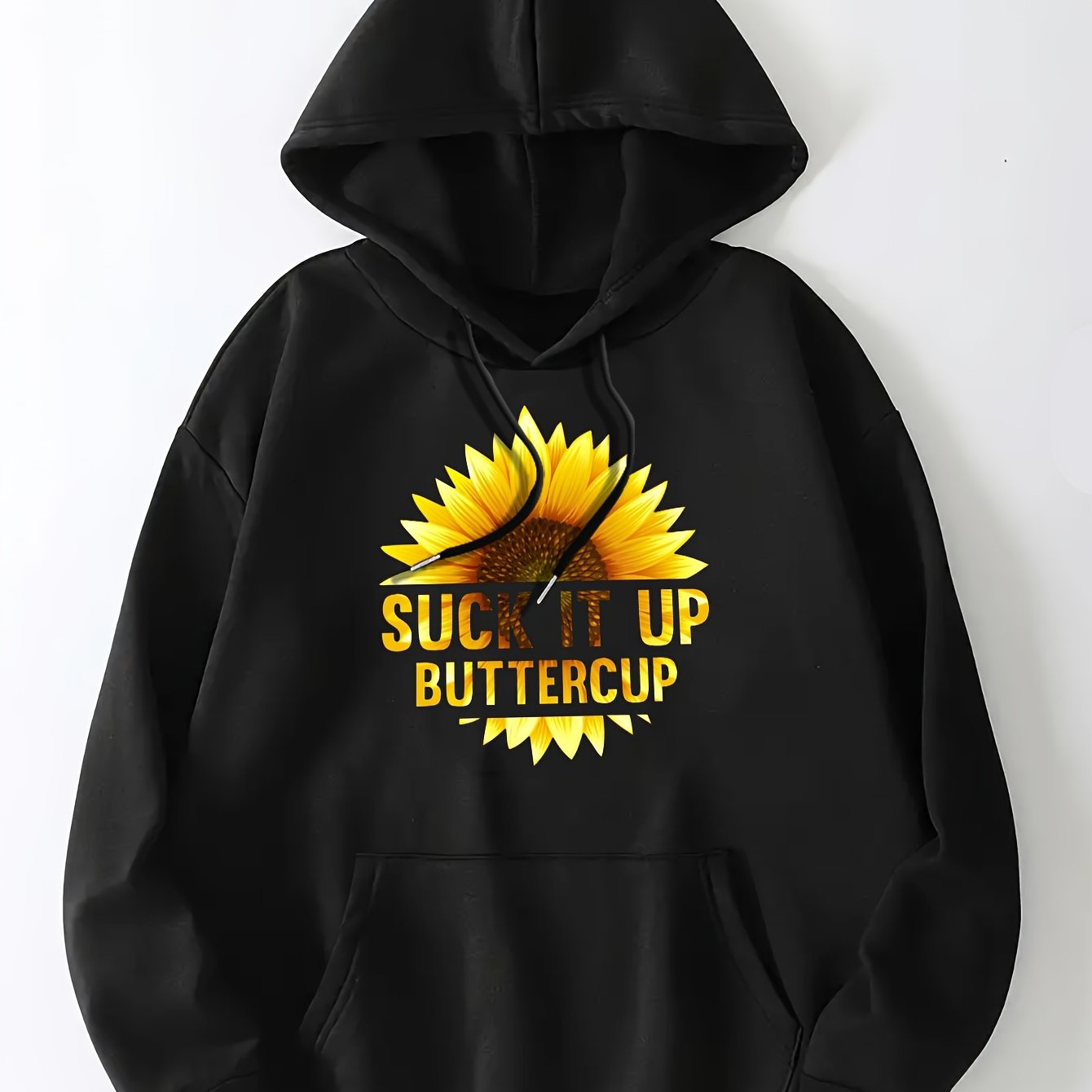 Sunflower Print Hoodie, Casual Kangaroo Pocket Long Sleeve Drop Shoulder Drawstring Hoodie For Fall & Winter, Women's Clothing