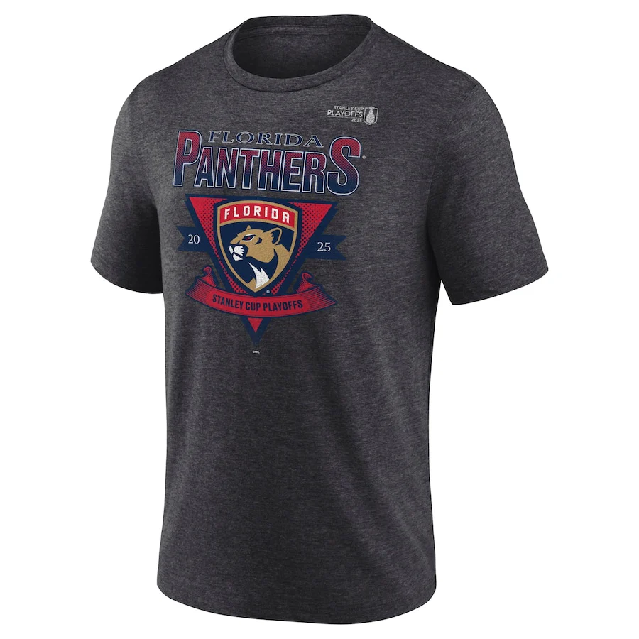 Men's Florida Panthers Fanatics Heather Charcoal 2025 Stanley Cup Playoffs Crossbar Tri-Blend T-Shirt