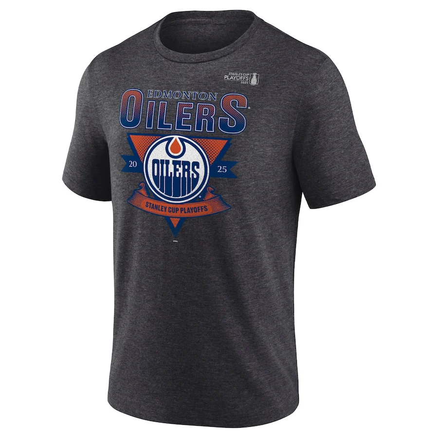 Men's Edmonton Oilers Fanatics Heather Charcoal 2025 Stanley Cup Playoffs Crossbar Tri-Blend T-Shirt