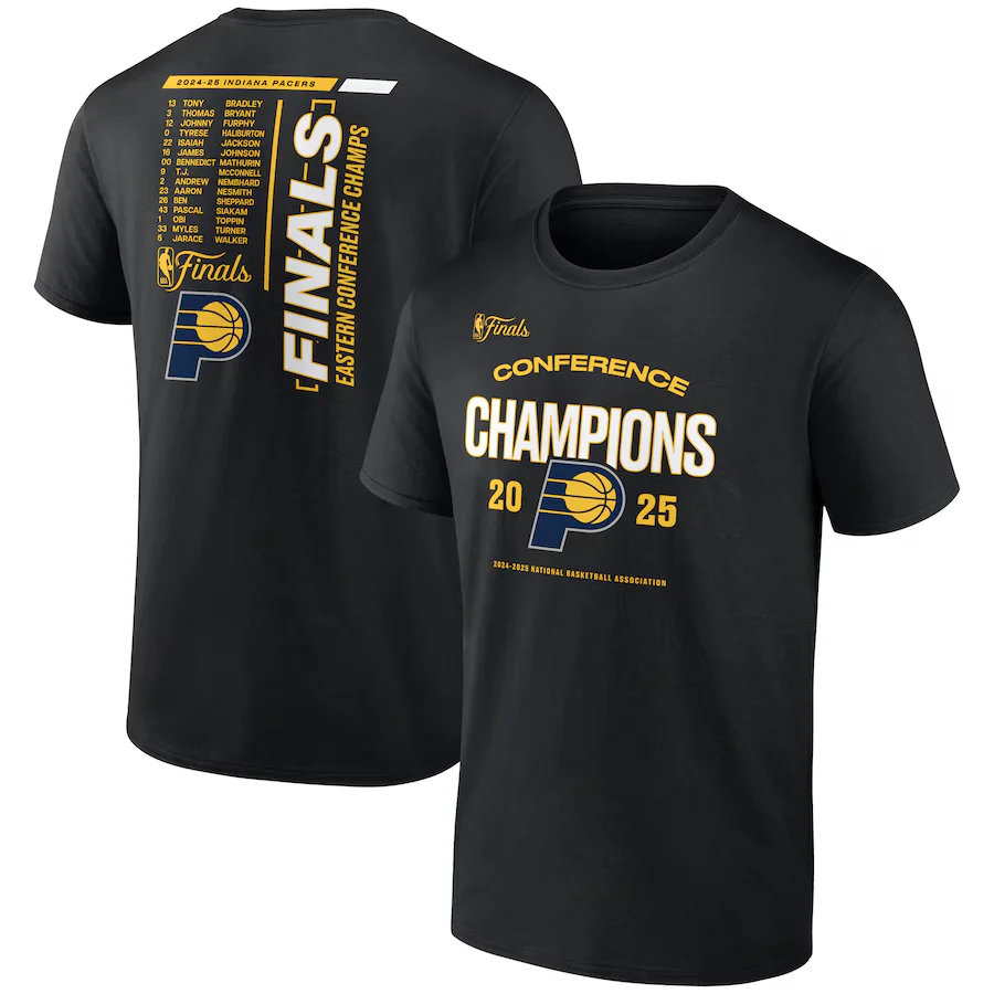 Men's Indiana Pacers Fanatics Black 2025 Eastern Conference Champions Roster Buzzer Beater T-Shirt