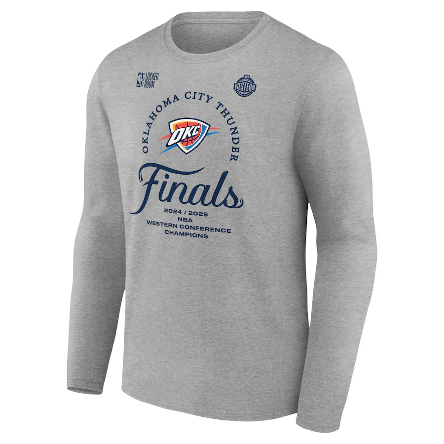 Men's Oklahoma City Thunder Fanatics Heather Gray 2025 Western Conference Champions Locker Room Long Sleeve T-Shirt