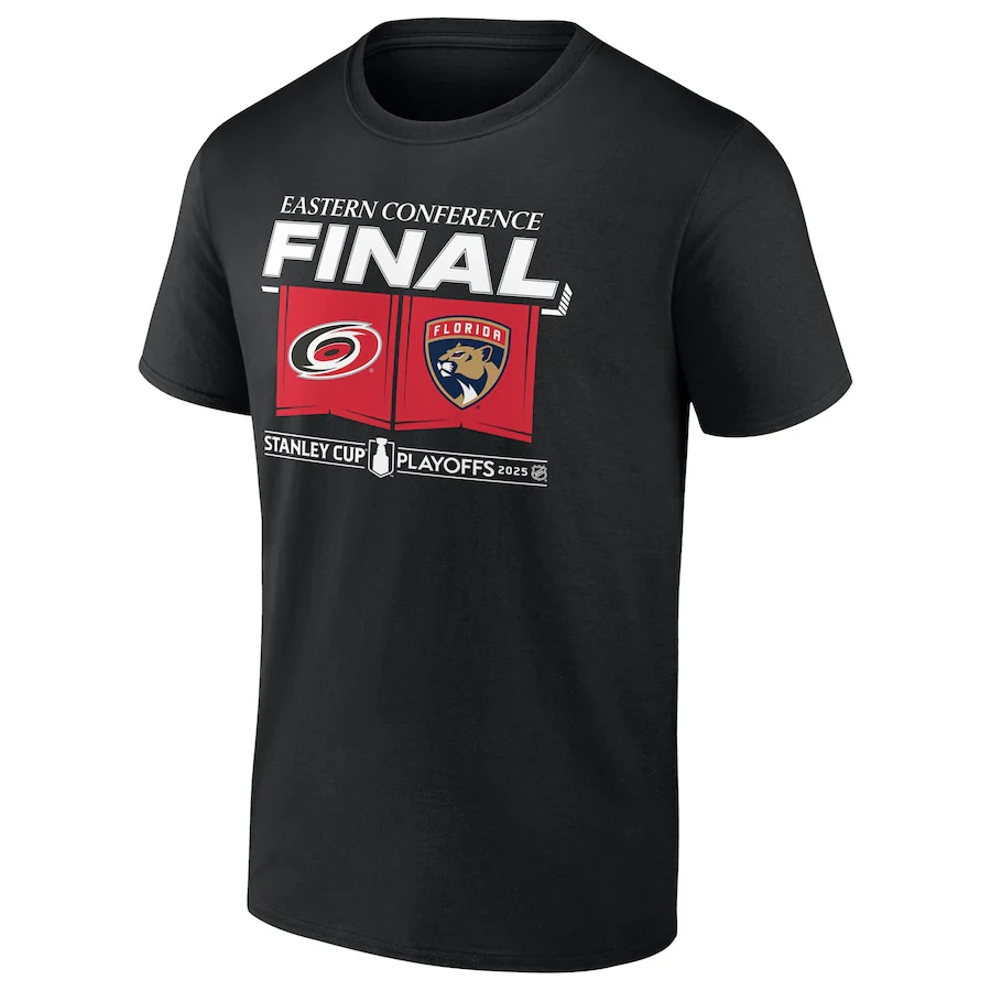 Men's Carolina Hurricanes vs. Florida Panthers Black 2025 Eastern Conference Finals Matchup Center Ice T-Shirt