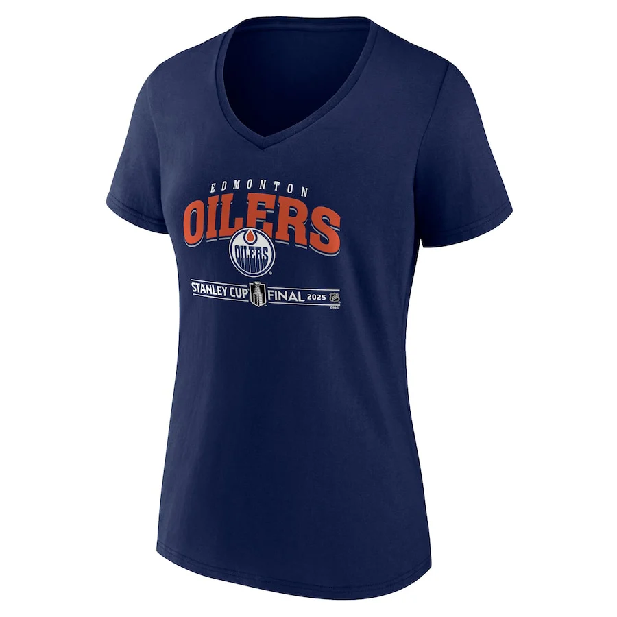 Women's Edmonton Oilers Navy 2025 Stanley Cup Final Custom V-Neck T-Shirt