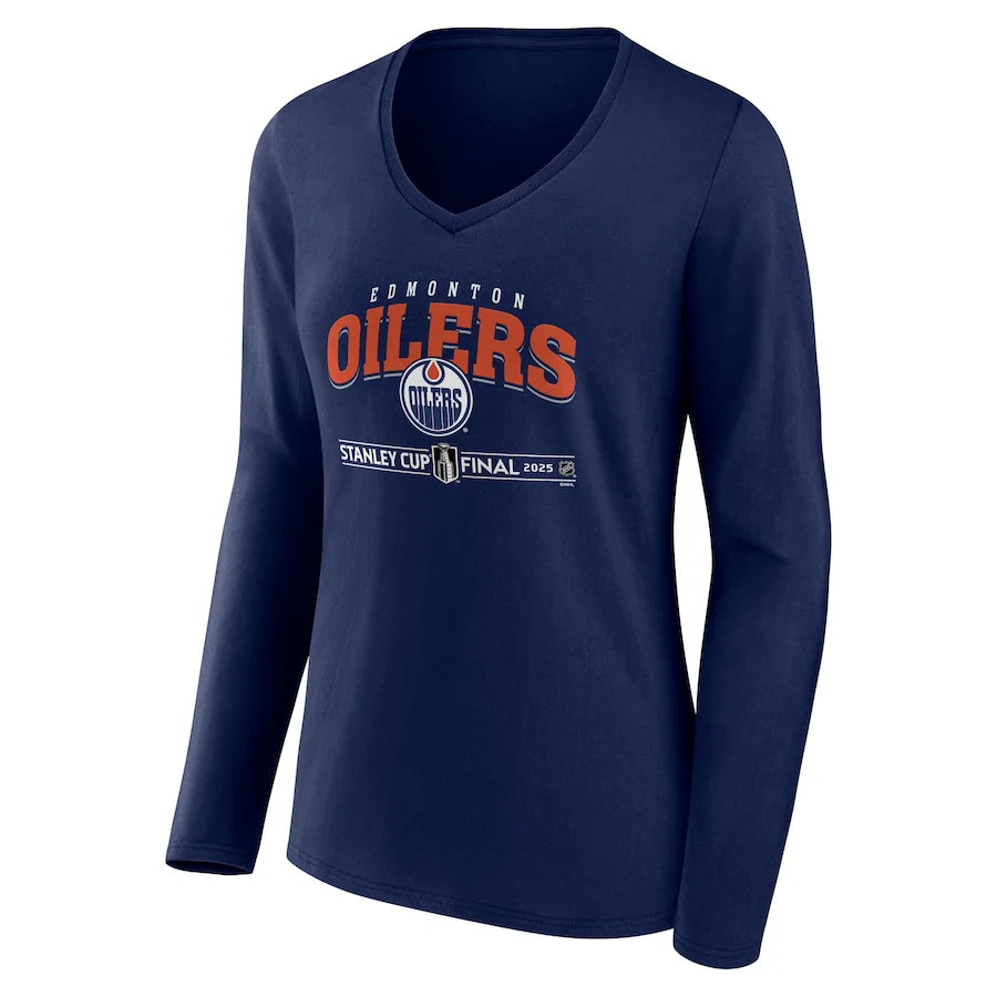 Women's Edmonton Oilers Navy 2025 Stanley Cup Final Custom Long Sleeve V-Neck T-Shirt