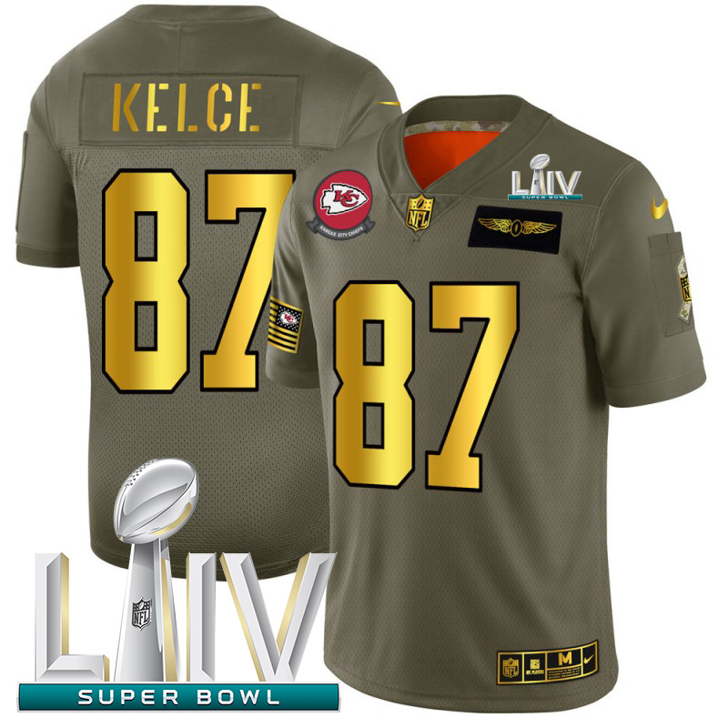 Kansas City Chiefs #87 Travis Kelce Men's Olive Gold Super Bowl LIV 2020 2019 Salute To Service Limited Jersey cheap jerseys for sale - CheapJerseys.Shop