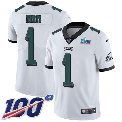 Eagles #1 Jalen Hurts White Super Bowl LVII Patch Men's Stitched 100th Season Vapor Limited Jersey cheap jerseys for sale - CheapJerseys.Shop