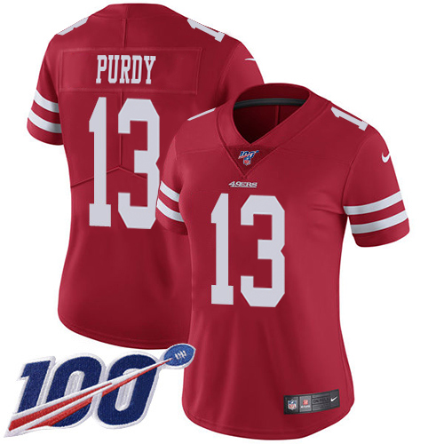 49ers #13 Brock Purdy Red Team Color Women's Stitched 100th Season Vapor Limited Jersey cheap jerseys for sale - CheapJerseys.Shop