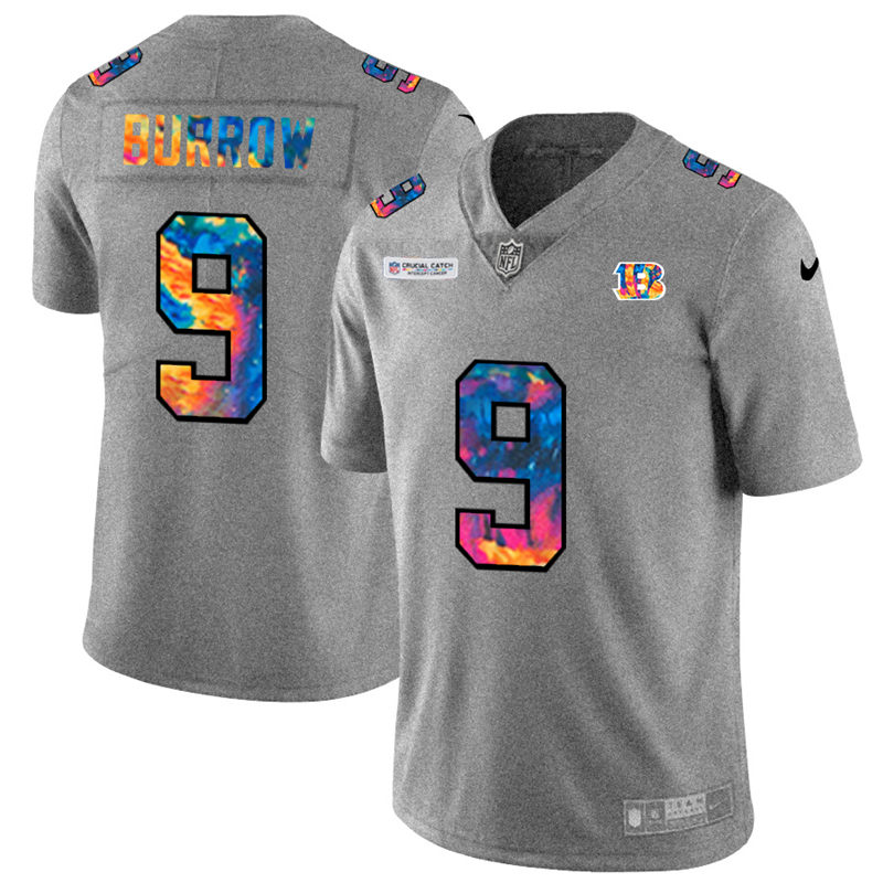 Cincinnati Bengals #9 Joe Burrow Men's Multi-Color 2020 Crucial Catch Jersey Greyheather cheap jerseys for sale - CheapJerseys.Shop