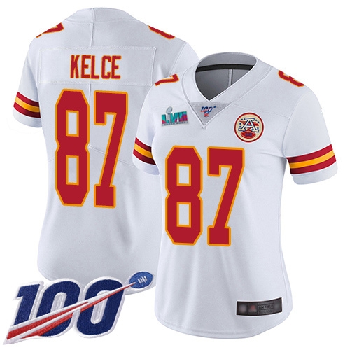 Chiefs #87 Travis Kelce White Super Bowl LVII Patch Women's Stitched 100th Season Vapor Limited Jersey cheap jerseys for sale - CheapJerseys.Shop