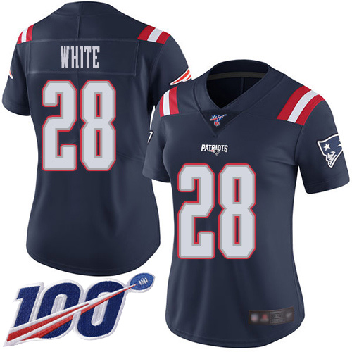 New England Patriots #28 James White Navy Blue Women's Stitched Limited Rush 100th Season Jersey Womens cheap jerseys for sale - CheapJerseys.Shop