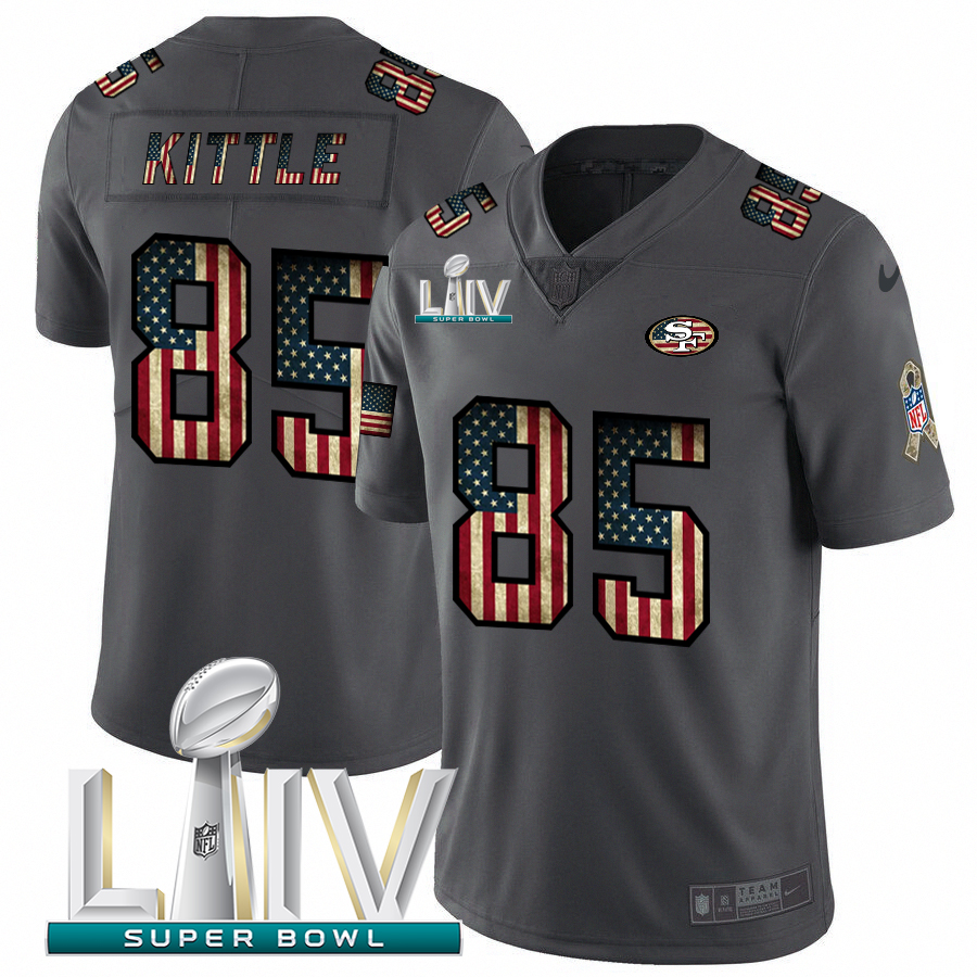 San Francisco 49ers #85 George Kittle Black Super Bowl LIV 2020 2018 Salute To Service Retro USA Flag Limited Jersey cheap jerseys for sale - CheapJerseys.Shop