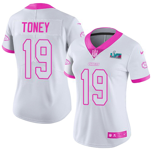 Chiefs #19 Kadarius Toney White/Pink Super Bowl LVII Patch Women's Stitched Limited Rush Fashion Jersey cheap jerseys for sale - CheapJerseys.Shop