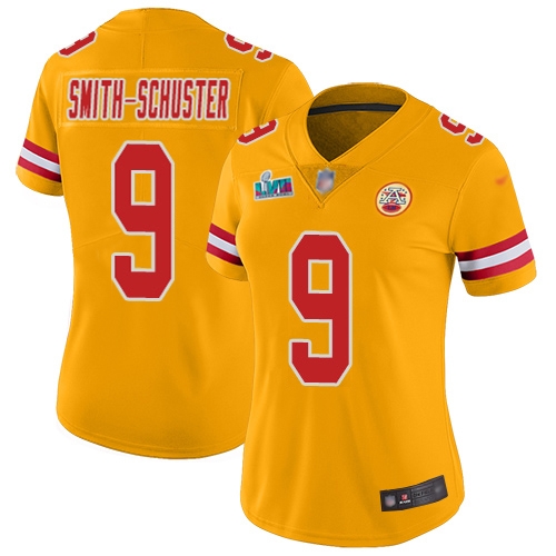 Chiefs #9 JuJu Smith-Schuster Gold Super Bowl LVII Patch Women's Stitched Limited Inverted Legend Jersey cheap jerseys for sale - CheapJerseys.Shop