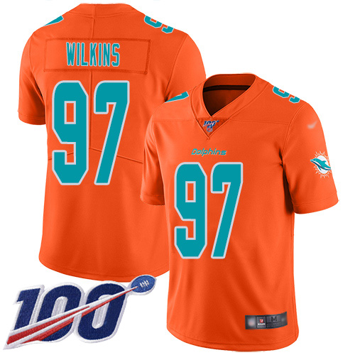 Miami Dolphins #97 Christian Wilkins Orange Men's Stitched Limited Inverted Legend 100th Season Jersey Men's cheap jerseys for sale - CheapJerseys.Shop