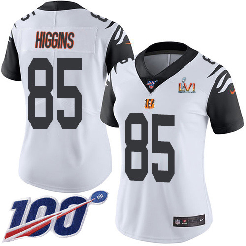 Bengals #85 Tee Higgins White Super Bowl LVI Patch Women's Stitched Limited Rush 100th Season Jersey cheap jerseys for sale - CheapJerseys.Shop