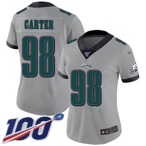 Eagles #98 Jalen Carter Silver Women's Stitched Limited Inverted Legend 100th Season Jersey cheap jerseys for sale - CheapJerseys.Shop