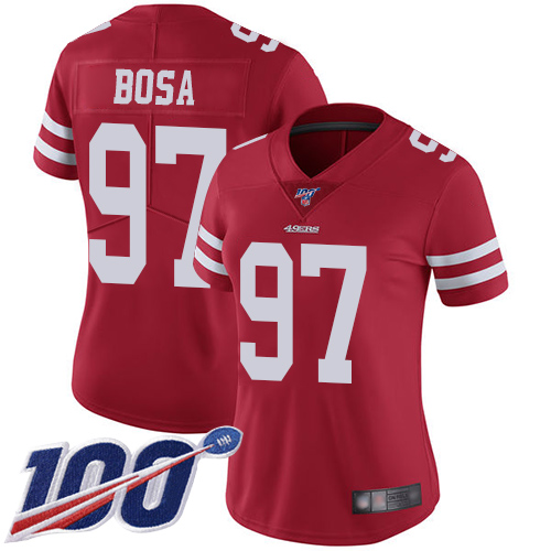49ers #97 Nick Bosa Red Team Color Women's Stitched 100th Season Vapor Limited Jersey cheap jerseys for sale - CheapJerseys.Shop