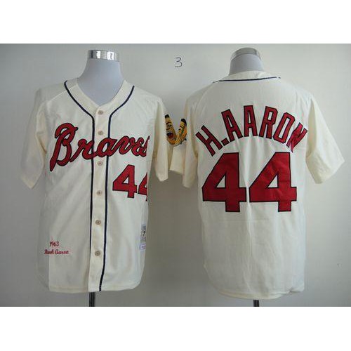 Mitchell And Ness 1963 Atlanta Braves #44 Hank Aaron Cream Throwback Stitched Jersey Men's cheap jerseys for sale - CheapJerseys.Shop
