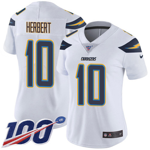 Chargers #10 Justin Herbert White Women's Stitched 100th Season Vapor Untouchable Limited Jersey cheap jerseys for sale - CheapJerseys.Shop
