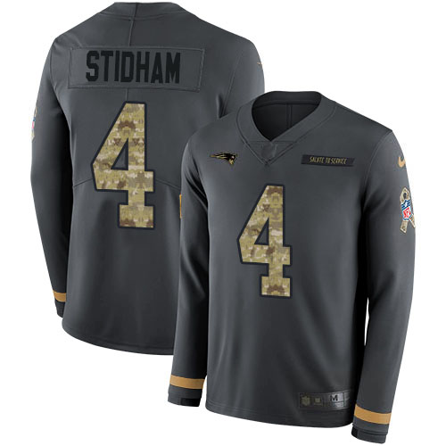 New England Patriots #4 Jarrett Stidham Anthracite Salute to Service Men's Stitched Limited Therma Long Sleeve Jersey Men's cheap jerseys for sale - CheapJerseys.Shop